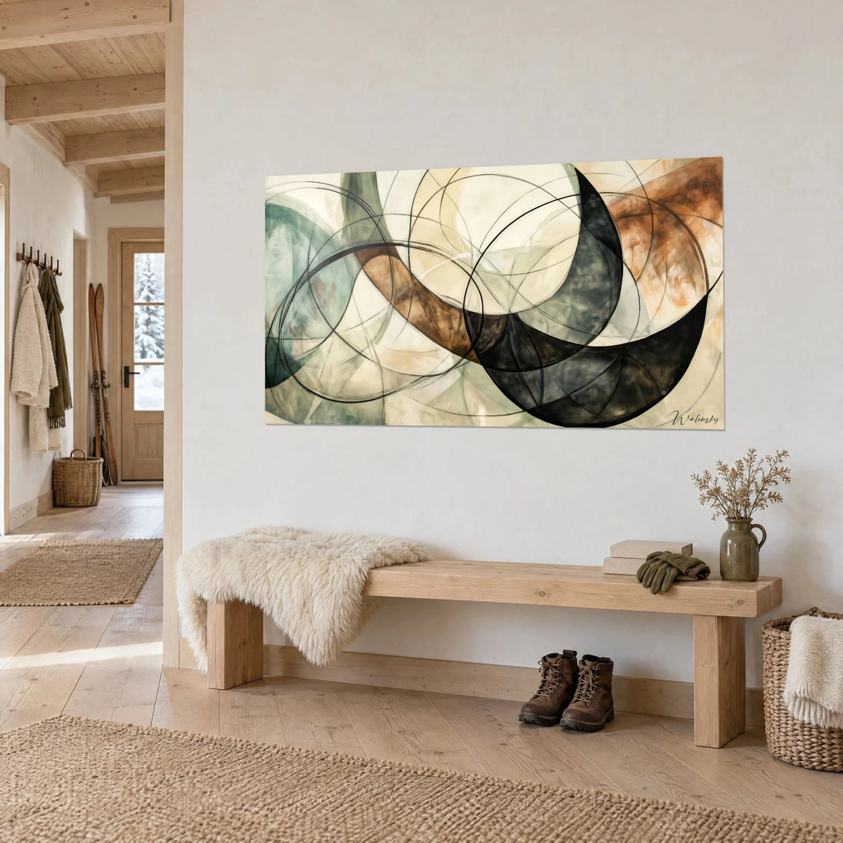 Wall art overlapping transparent arches in cream and black, rust band, three-quarter view on a chalet wall