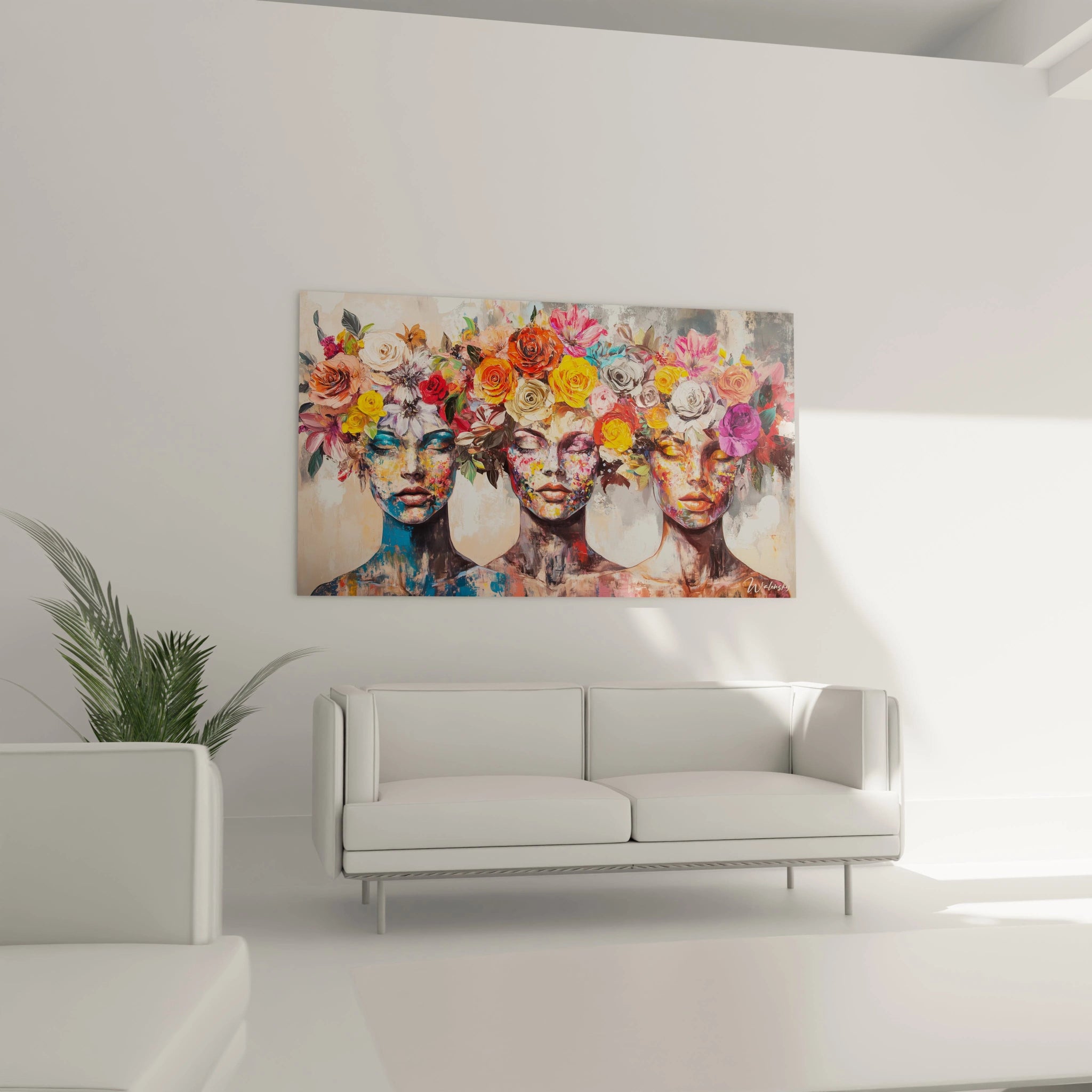 Un tableau figuratif abstrait présentant une composition florale vibrante autour de trois visages, utilisant des couleurs jaune éclatant, rose vif, et orange sur des fonds texturés.

