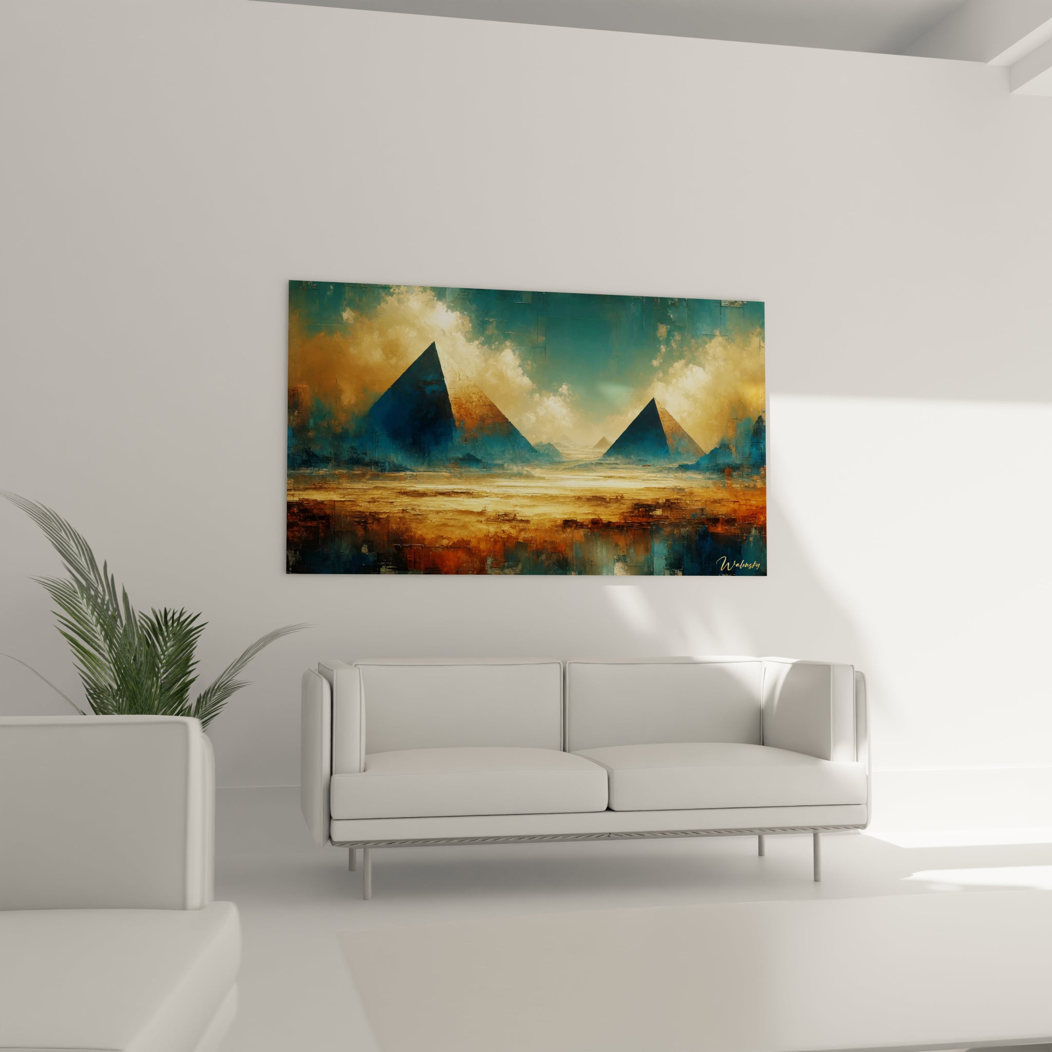 Un tableau abstrait centré sur deux grandes pyramides en perspective, dans des tons de bleu foncé, jaune sable et orange, avec des textures en aplats et couches visibles.

