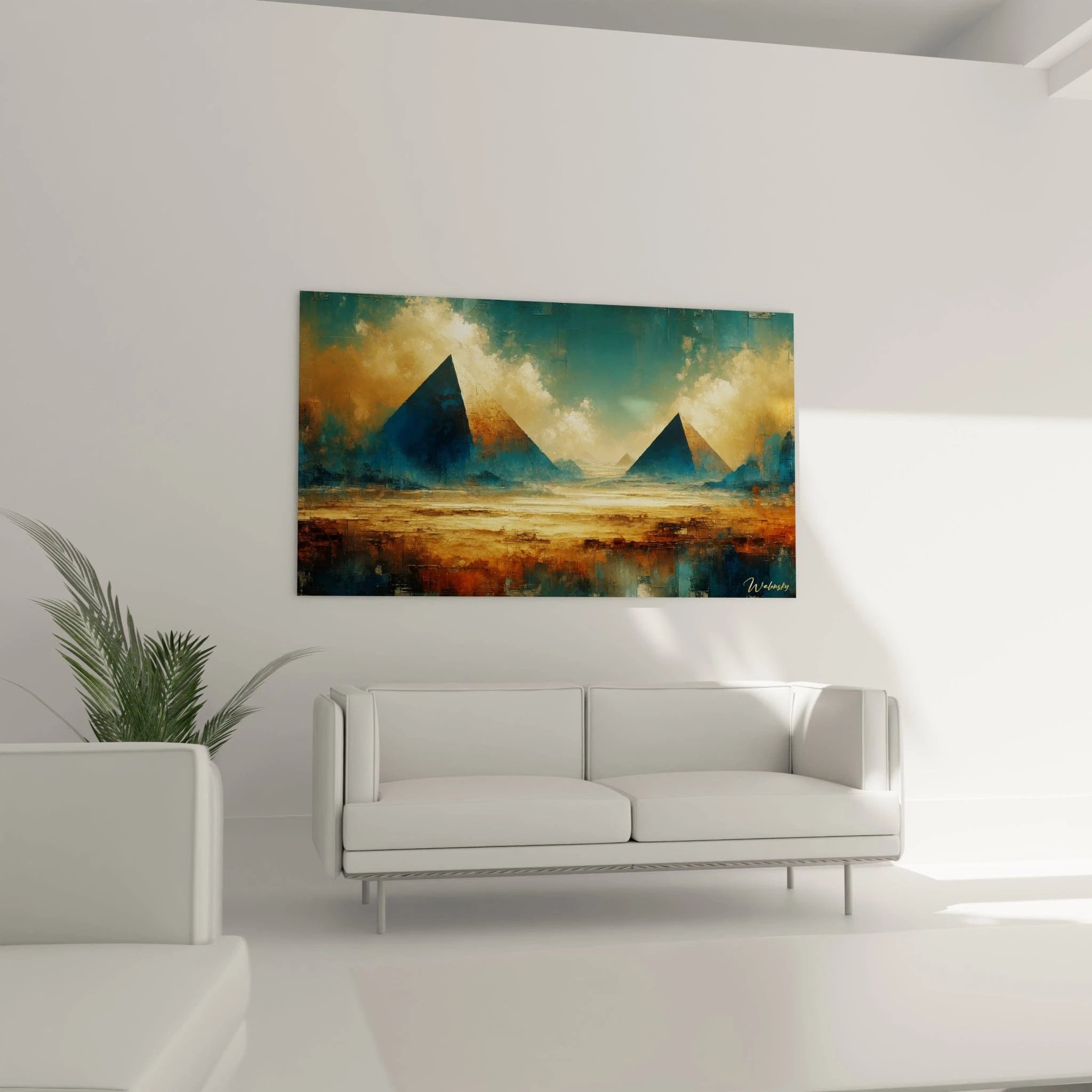 Un tableau abstrait centré sur deux grandes pyramides en perspective, dans des tons de bleu foncé, jaune sable et orange, avec des textures en aplats et couches visibles.

