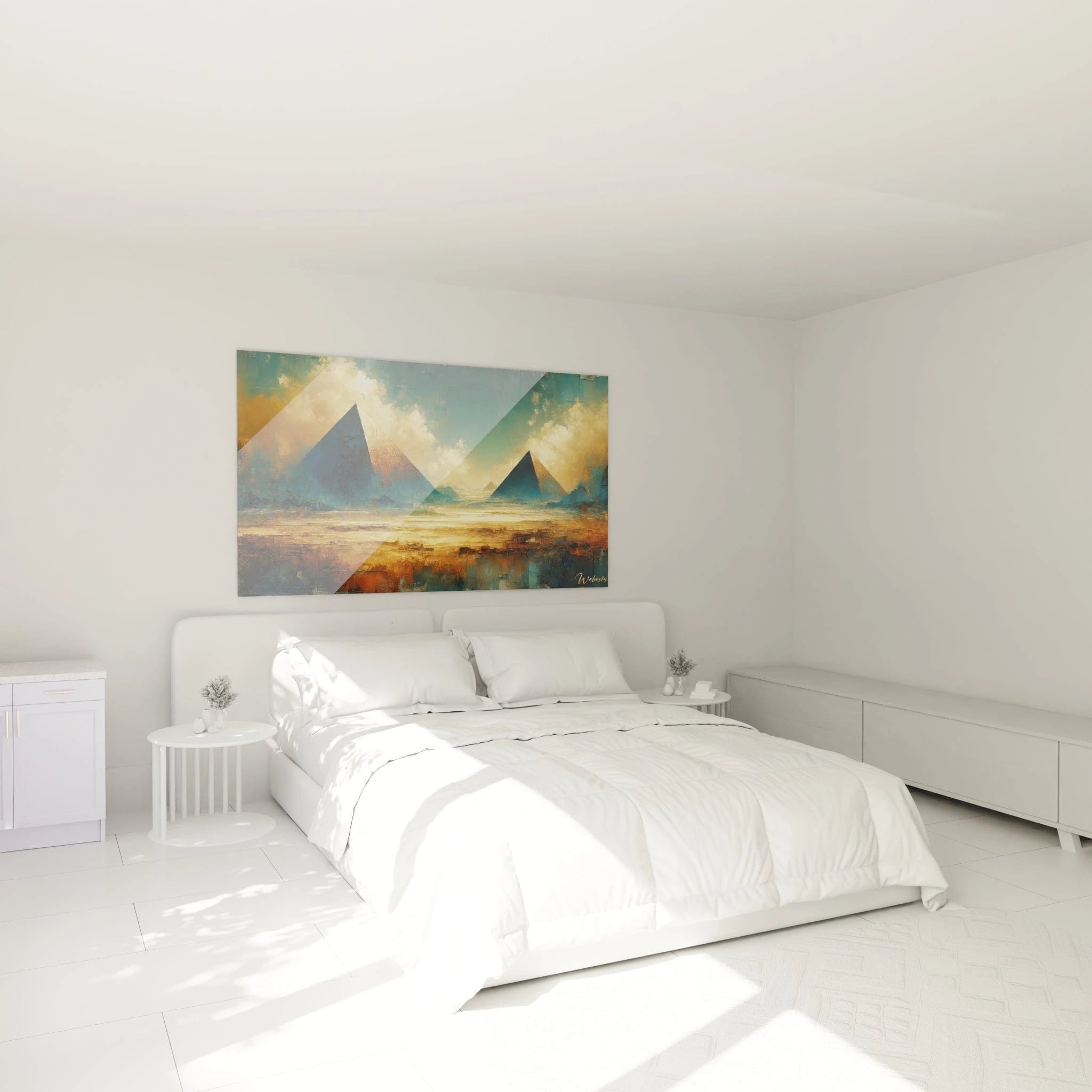 Un tableau abstrait montrant un paysage désertique avec des pyramides stylisées, utilisant des couleurs bleu profond, sable doré et brun rouille, et des effets de matière visible.

