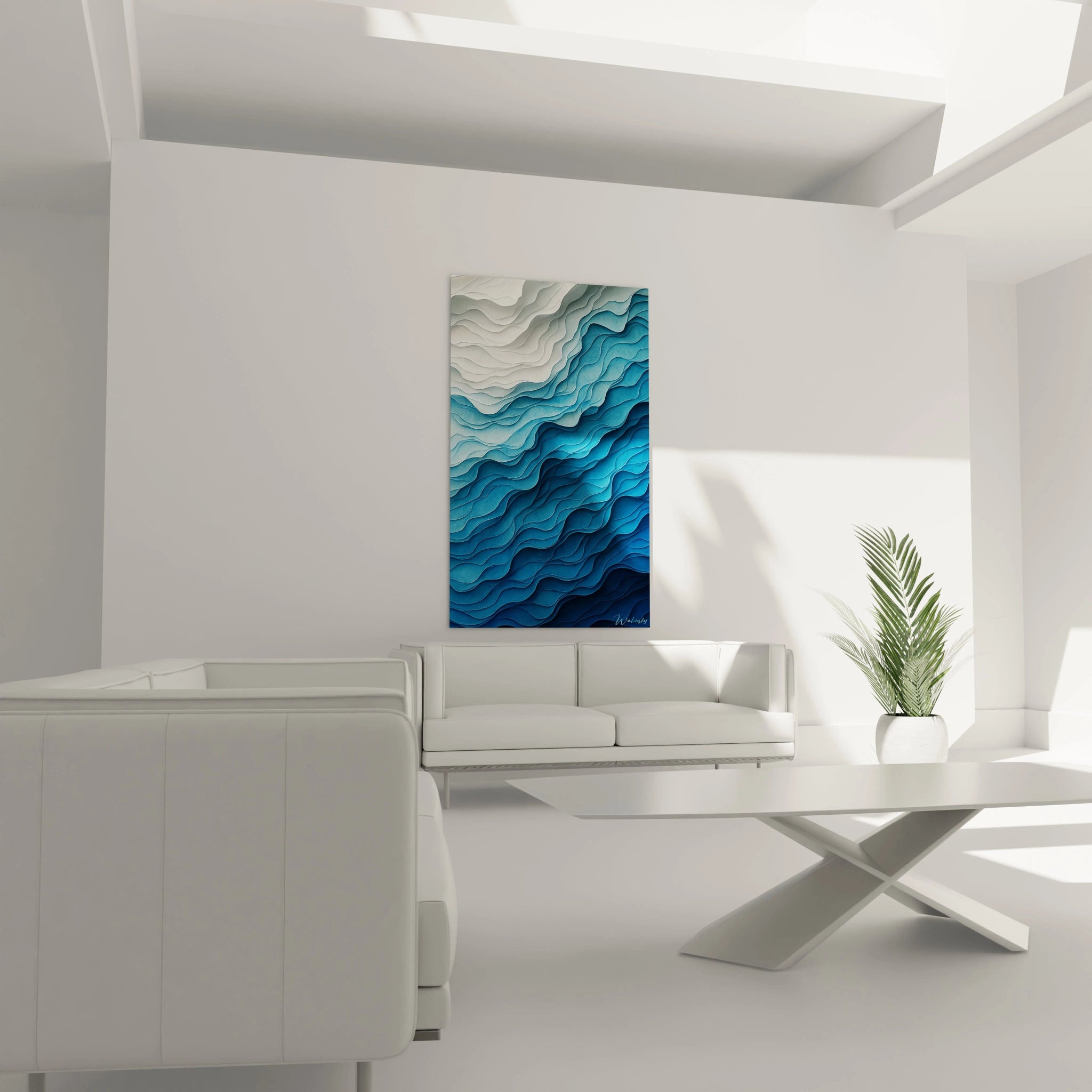 Un tableau abstrait ondulant en relief présentant une composition diagonale de vagues en papier superposées, variant du blanc pur aux bleus profonds, avec un jeu d'ombres naturelles entre les couches qui accentue l'effet de mouvement et de profondeur.
