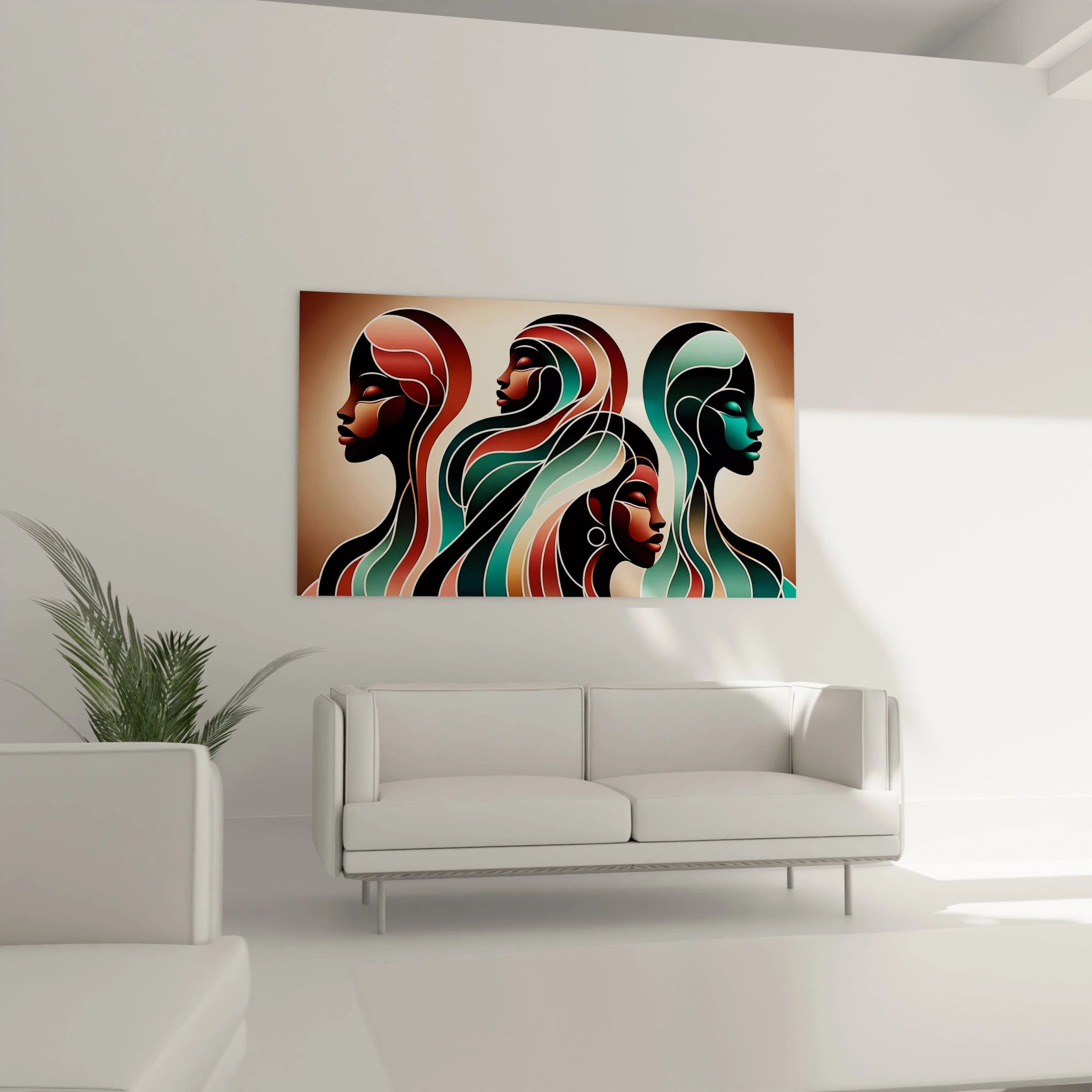 Ce tableau africain accroché au mur dans un salon au-dessus du canapé, où les courbes et les visages stylisés capturent l'essence de la culture africaine, alliant douceur et force avec des tons harmonieux.

