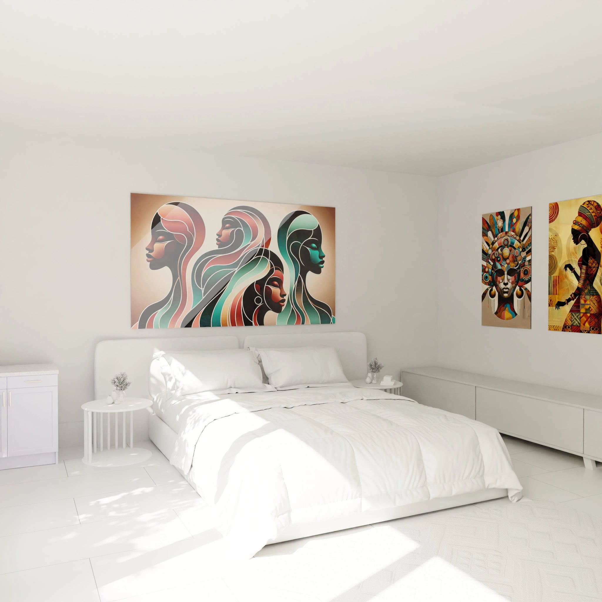 Le tableau africain suspendu au-dessus du lit, apportant une touche d’élégance et de sérénité dans la chambre avec ses couleurs chaudes et ses formes abstraites représentant l’unité et la diversité.

