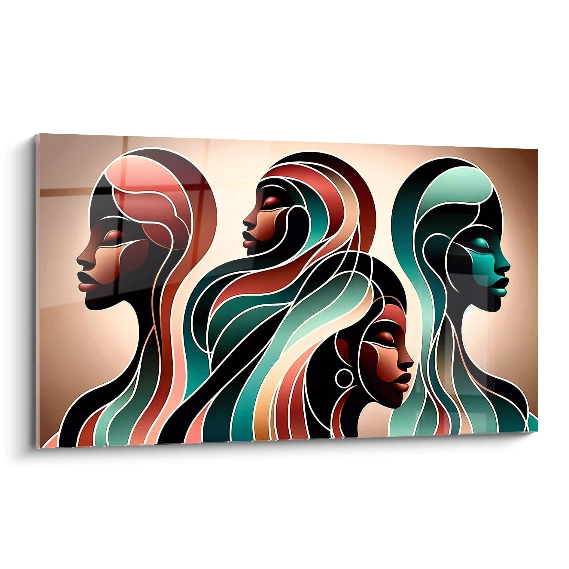 Vue de biais du tableau africain, avec des silhouettes féminines qui se fondent dans des courbes fluides et des teintes marron, vert et rose créant une ambiance calme et introspective.

