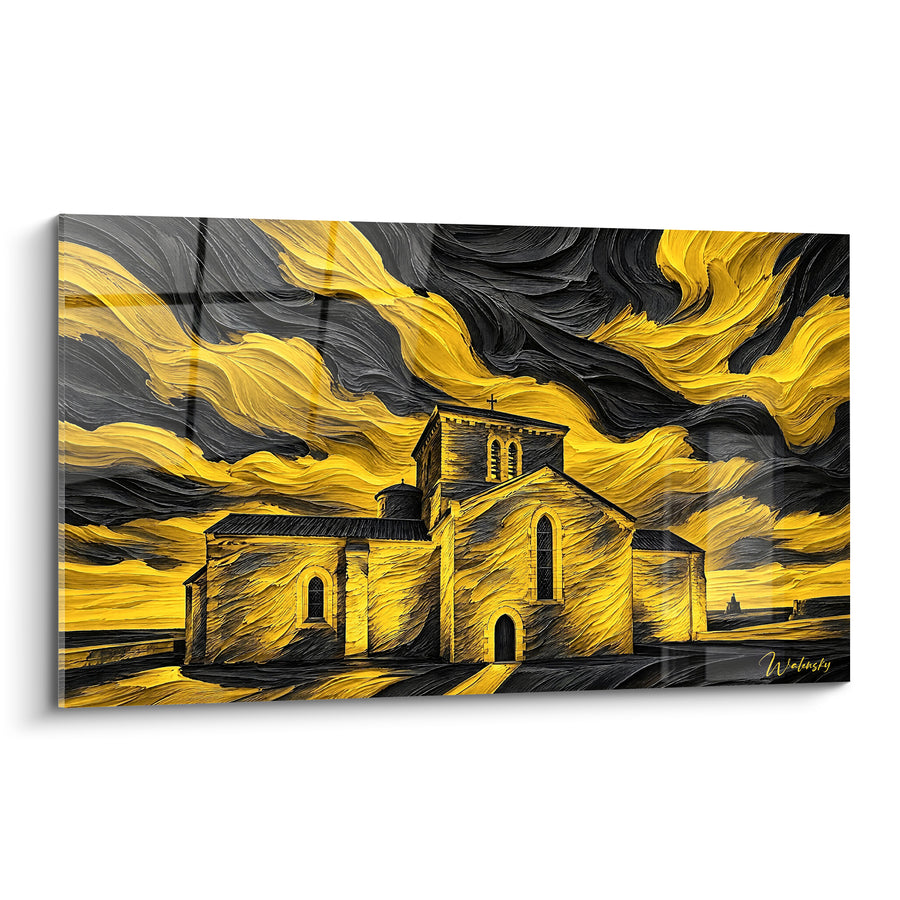 Tableau Chapelle romane aux tourbillons jaunes et noirs - Tempête sur la pierre - Edition Les Sables-d'Olonne Pays de la Loire France