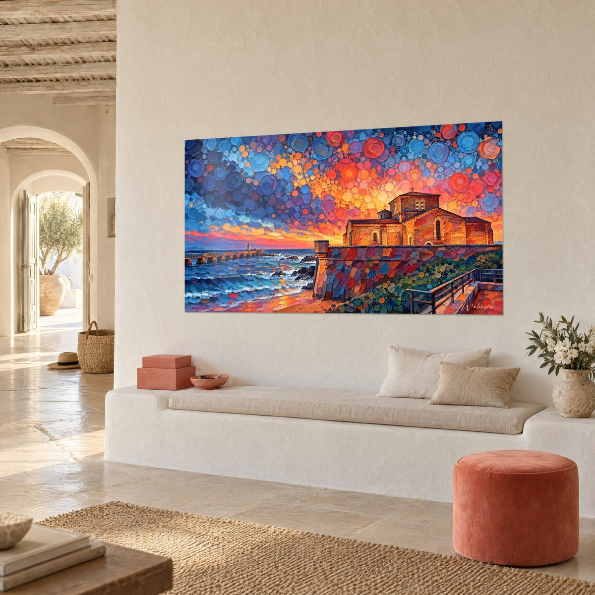 Wall art ochre Romanesque church at dusk, red and blue mosaic ramparts, distant lighthouse, in a sunlit corner of a living room
