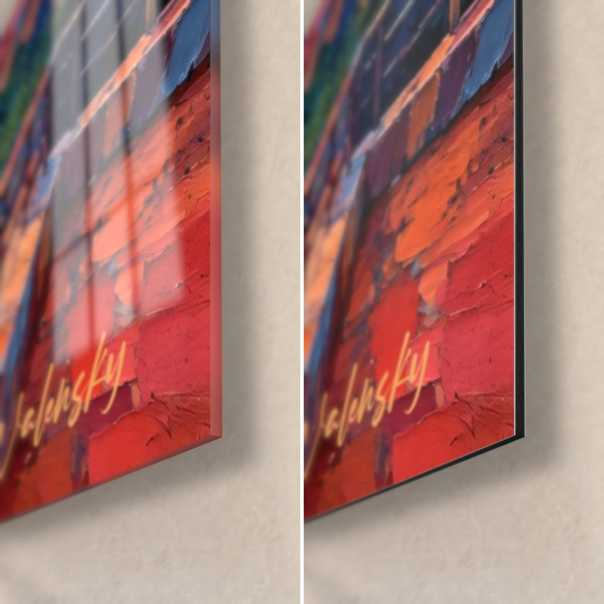 Wall art stone sanctuary, lower right corner: glossy acrylic glass reflecting light, matte orange Dibond, 3 mm edge and signature