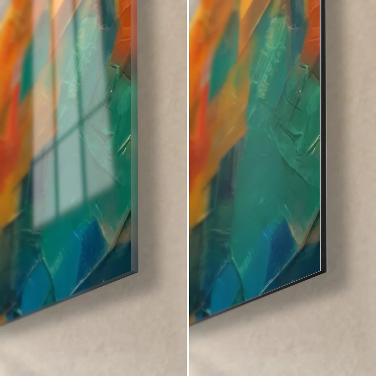 Tableau trois reines aux turbans colorés, coin bas droit turquoise et orange, verre brillant à gauche, Dibond mat à droite