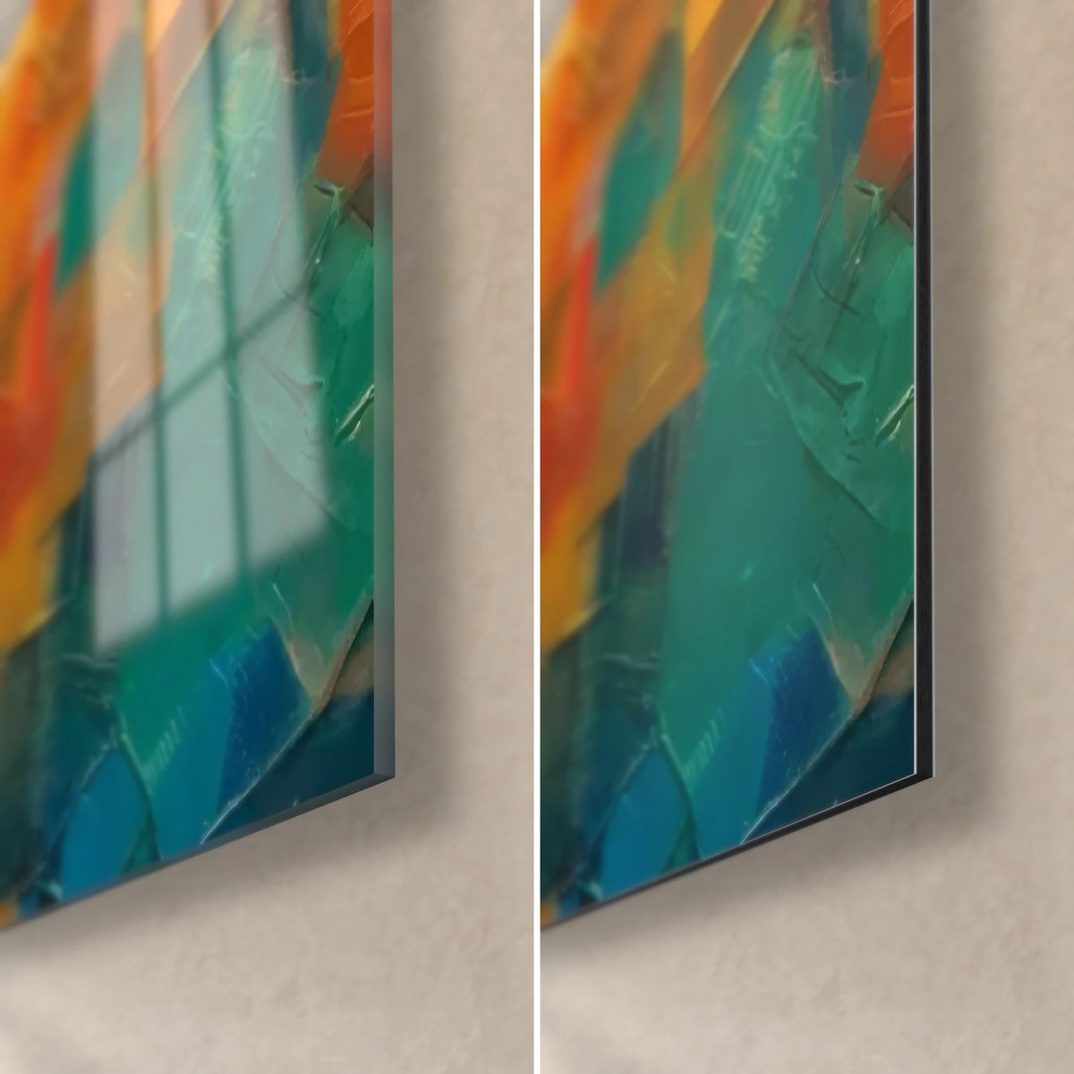 Wall art three queens in colourful turbans, turquoise and orange corner bottom right, shiny glass on the left, matte Dibond on the right