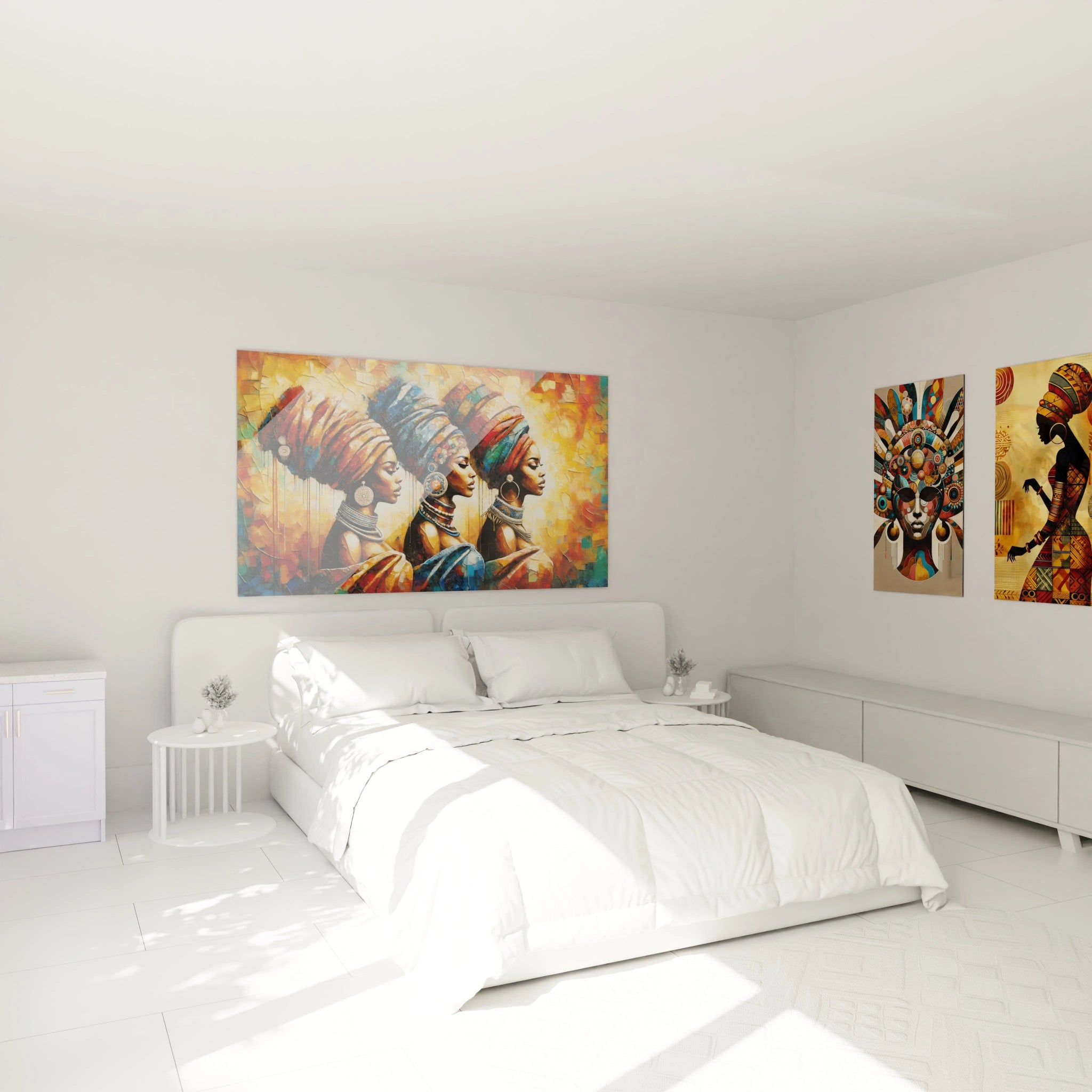 Le tableau africain accroché au mur de la chambre, au-dessus du lit. La sérénité des femmes et l'harmonie des couleurs chaudes apportent une touche d’élégance et de fierté à la pièce.

