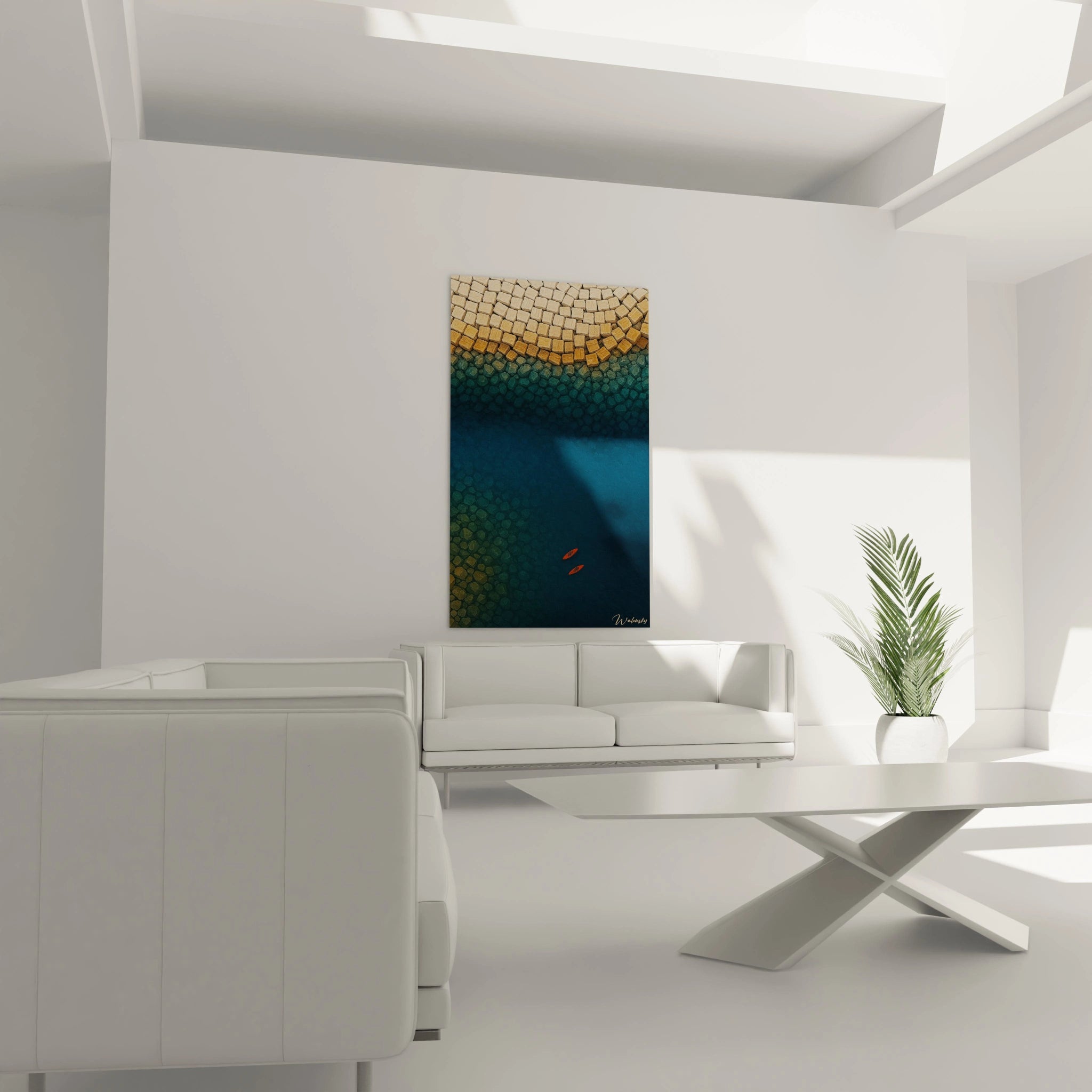 Un tableau vue aérienne capturant la rencontre entre terre et mer, avec une texture en mosaïque passant du beige doré au bleu profond, ponctué de deux petites embarcations oranges sur l'eau calme.
