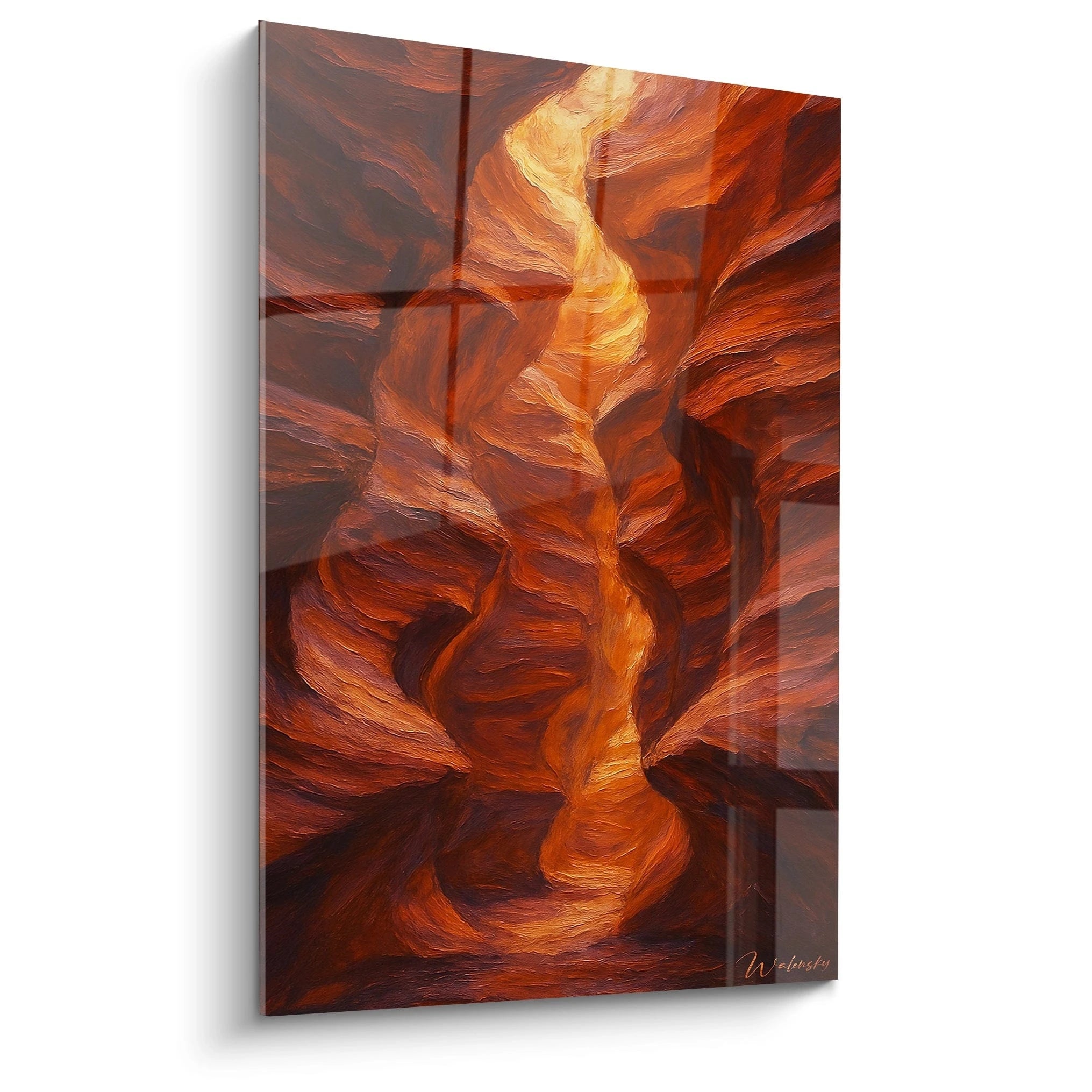 Un tableau canyon représentant une gorge rocheuse aux parois sculptées, baignée dans des tons orange flamboyant et rouge terracotta, avec une lumière dorée qui filtre au centre de la composition créant un puissant contraste et des textures rugueuses évoquant l'érosion.
