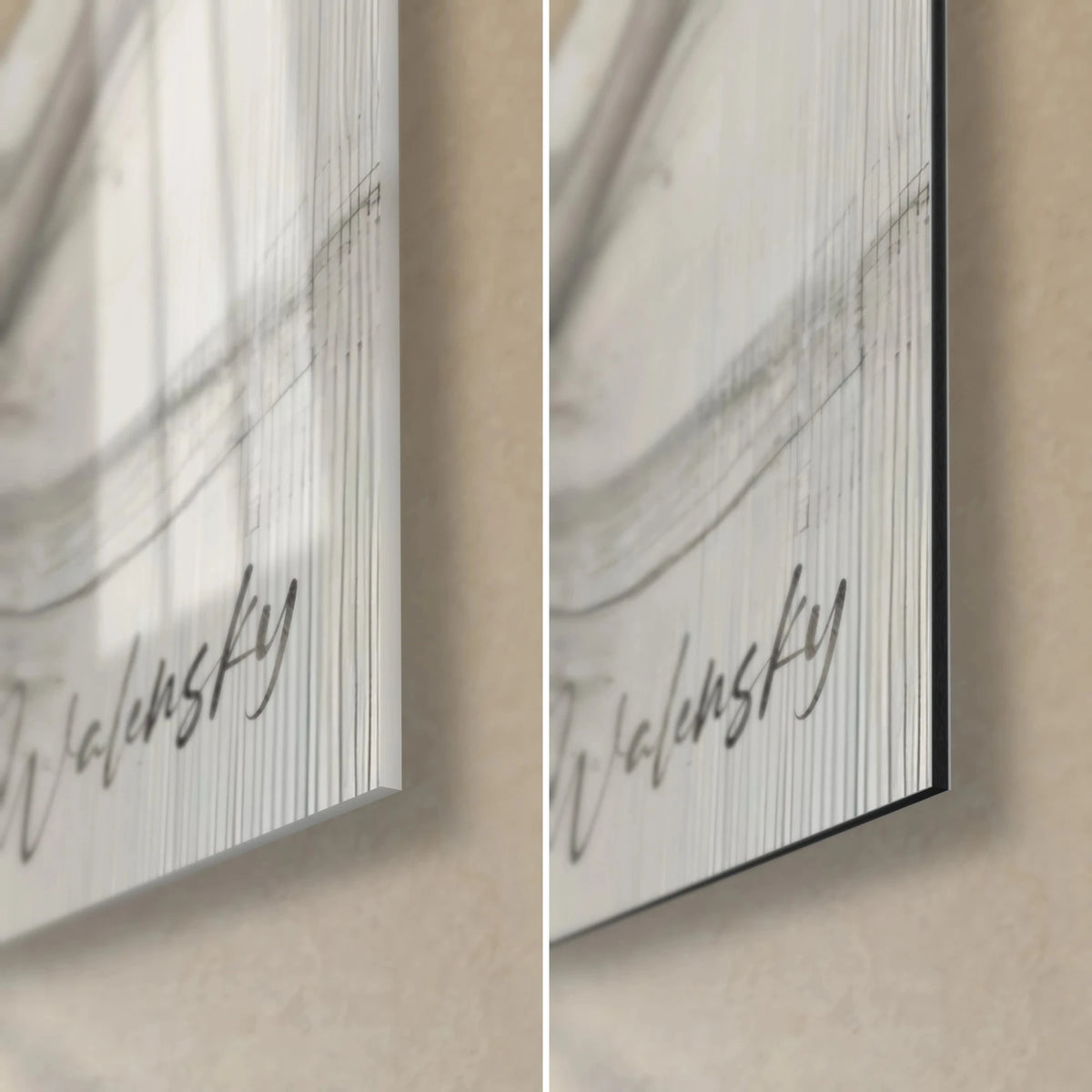Schilderij boomsilhouet in zwarte inkt, grijze Walensky-handtekening, glanzend glas links, mat zwart Dibond rechts, 3 mm dikte