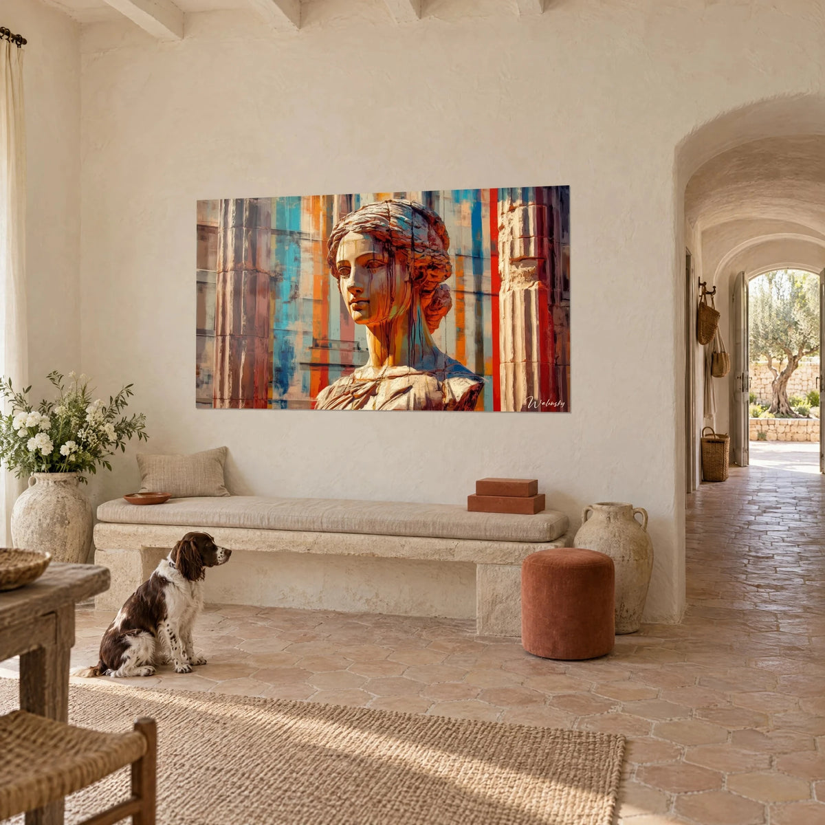 Wall art ancient sculpted goddess with dark streaks, orange and blue background, on the wall of a Provençal farmhouse with a spaniel