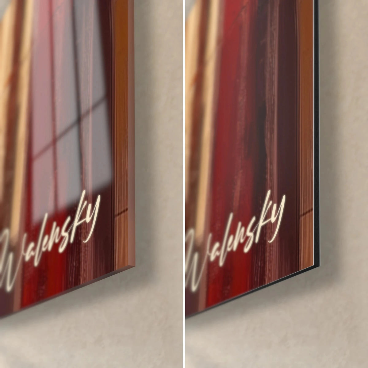 Wall art marble face with brown streaks, lower right corner, glossy glass with reflections and matte burgundy Dibond