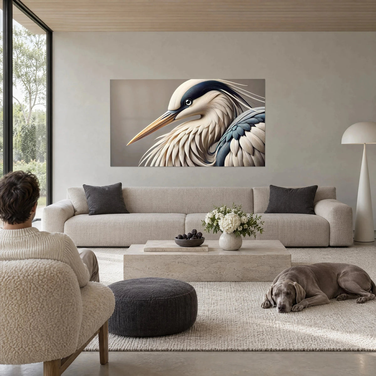 Gemälde Graureiher mit goldenem langem Schnabel, elfenbeinfarbenes und schieferblaues Gefieder auf taupefarbenem Hintergrund, über einem Sofa in einem hellen Wohnzimmer