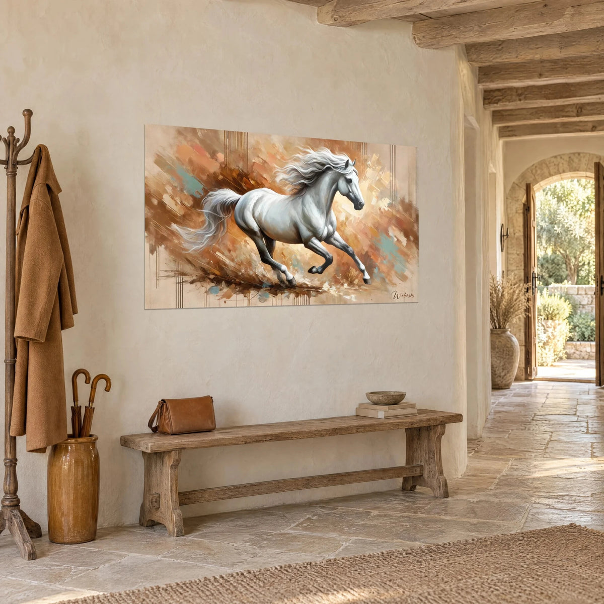Wall art white horse in full stride, tail whipping the air, turquoise and terracotta touches, on a pale stone wall