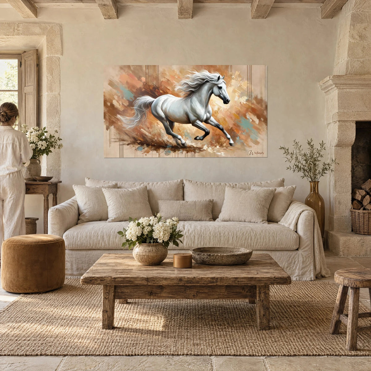 Wall art pearl grey stallion galloping, silver mane swirling, ochre and copper background, above a sofa in a bright living room