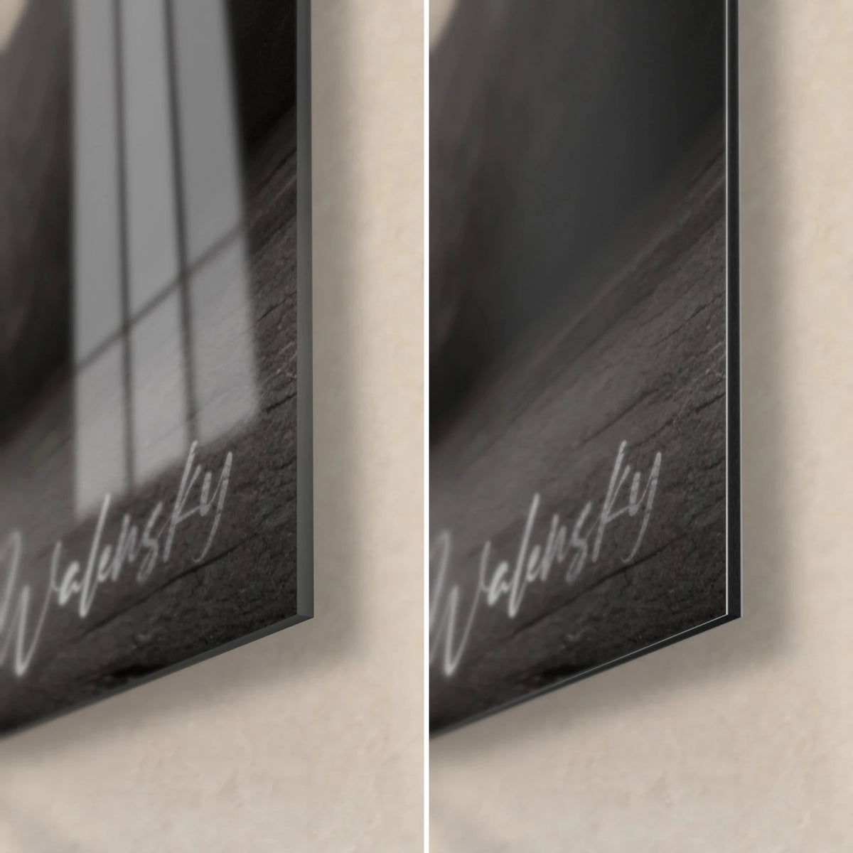 Schilderij silhouet van een kind met een gekleurde draad, rechtsonder: glanzend acrylglas links, mat grijs Dibond rechts