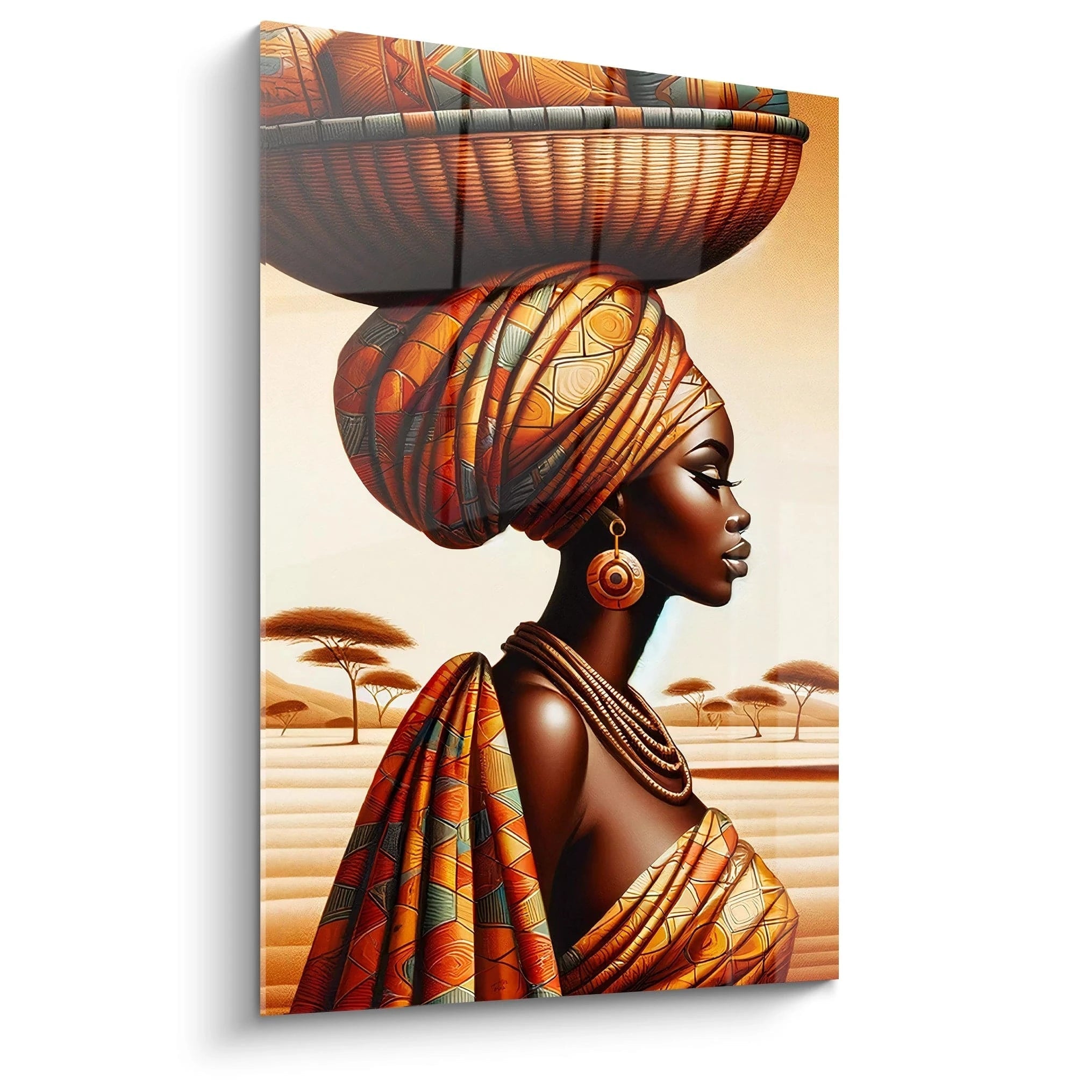 Vue du tableau africain de biais, mettant en valeur la silhouette d'une femme portant un panier. Des couleurs chaudes d'orange et beige dominent, créant une atmosphère sereine.

