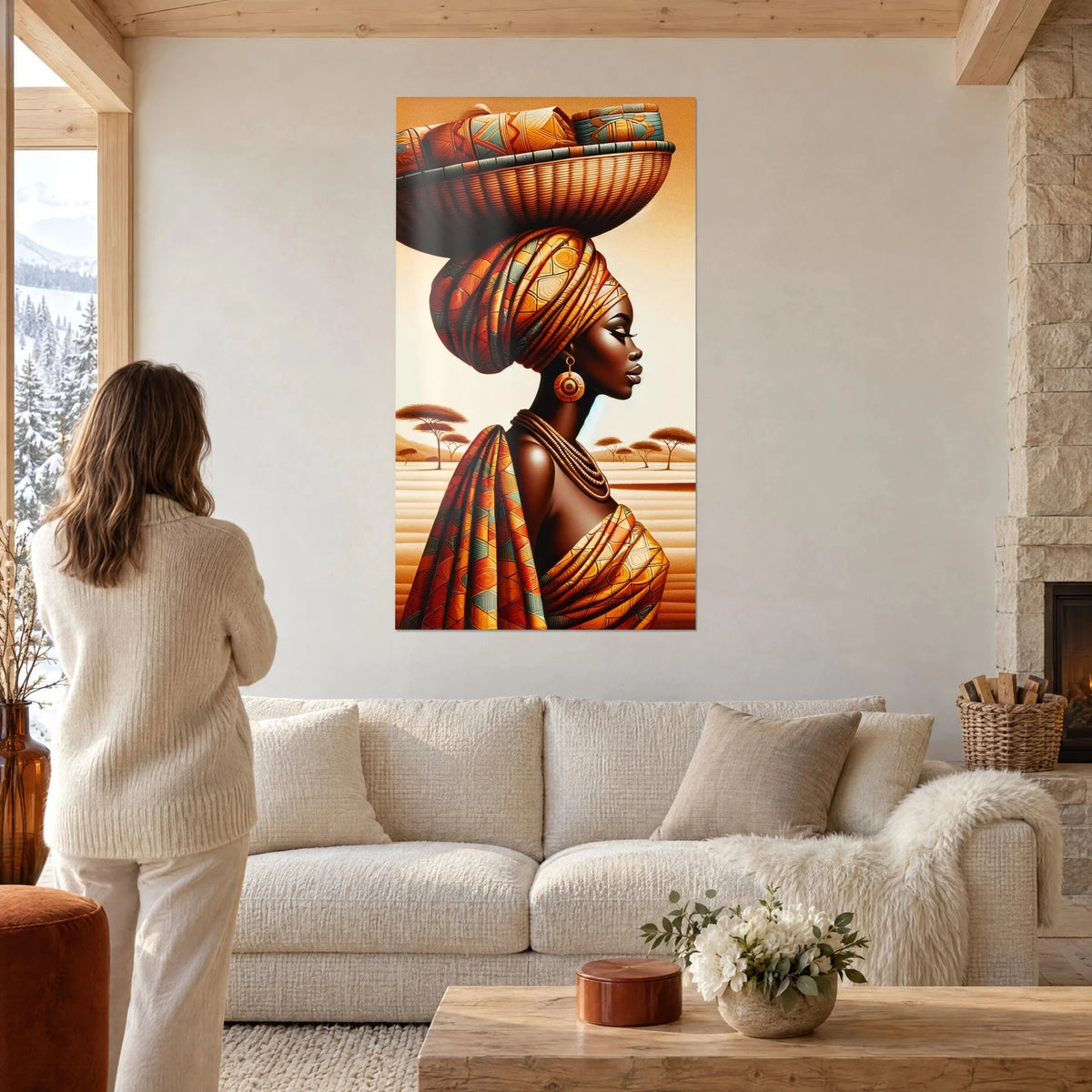 Tableau femme africaine de profil, turban orange à motifs et corbeille sur la tête, au-dessus d'un canapé dans un salon lumineux