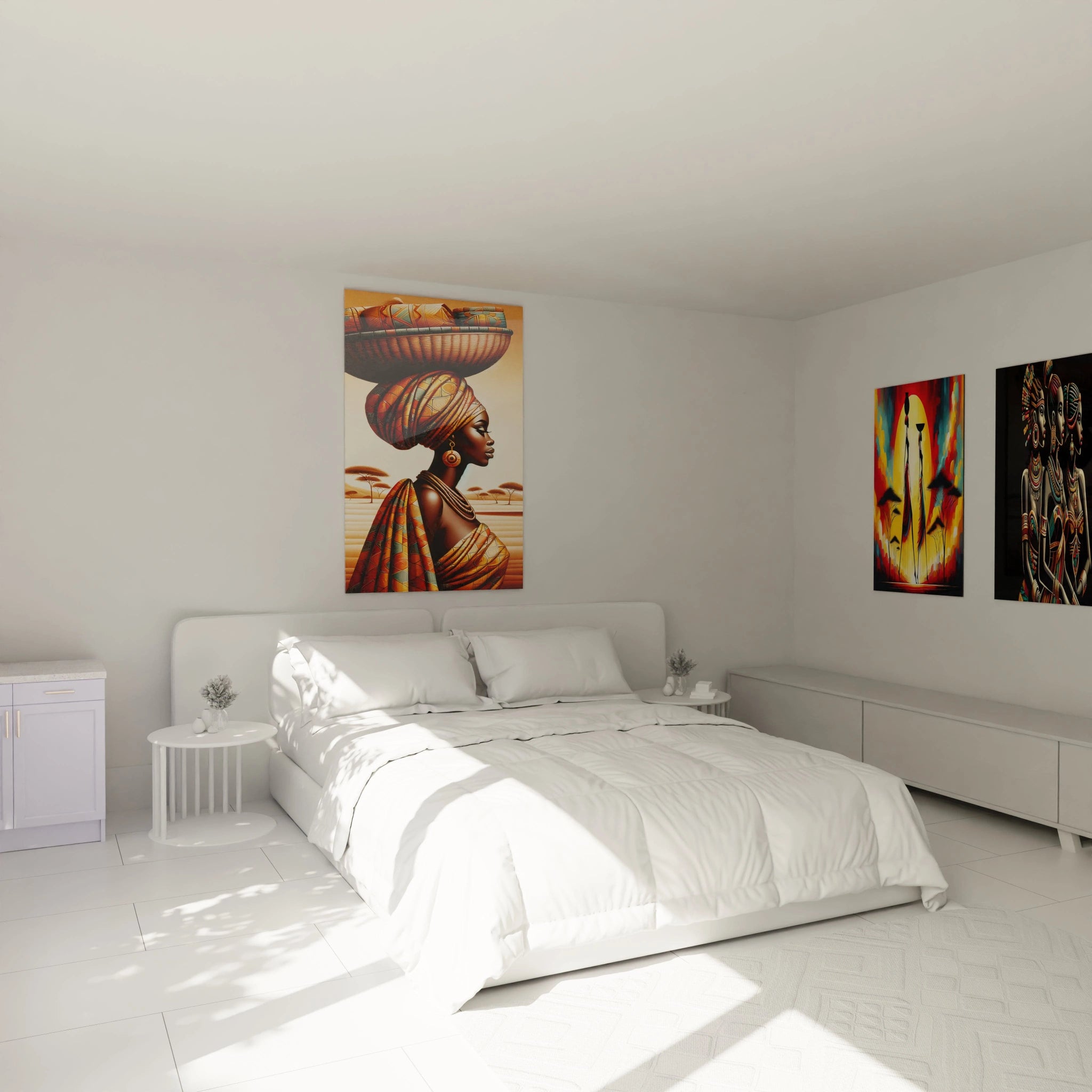 Tableau africain accroché au-dessus du lit dans la chambre, les couleurs orangées apportent une sensation de calme et de connexion à la nature, offrant une touche chaleureuse à la pièce.

