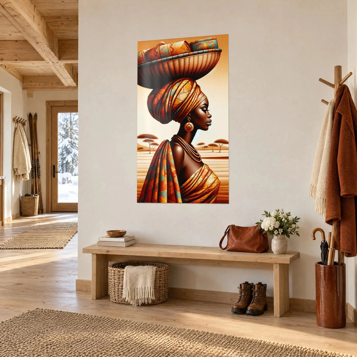 Tableau portrait de profil d'une porteuse au châle ocre et sarrazin, savane dorée, vue de trois-quarts dans l'entrée d'un chalet