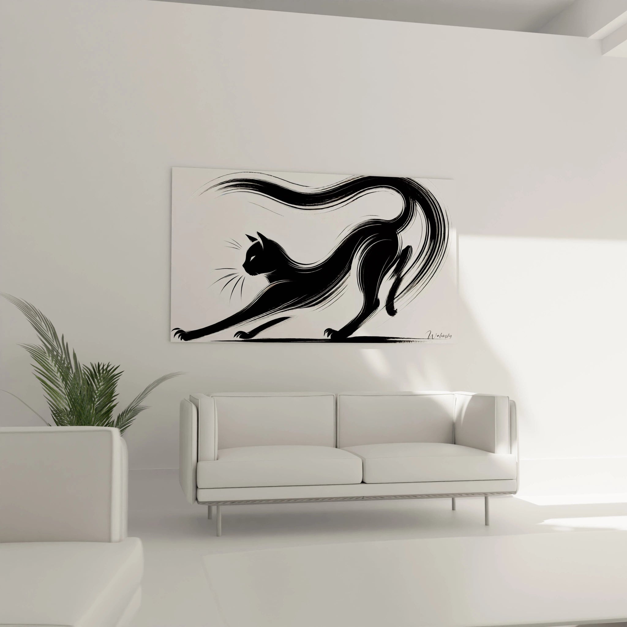 Ce tableau chat noir et blanc s'intègre parfaitement au-dessus d'un canapé dans un salon moderne. Ses lignes épurées ajoutent une touche d'élégance tout en maintenant une simplicité subtile.