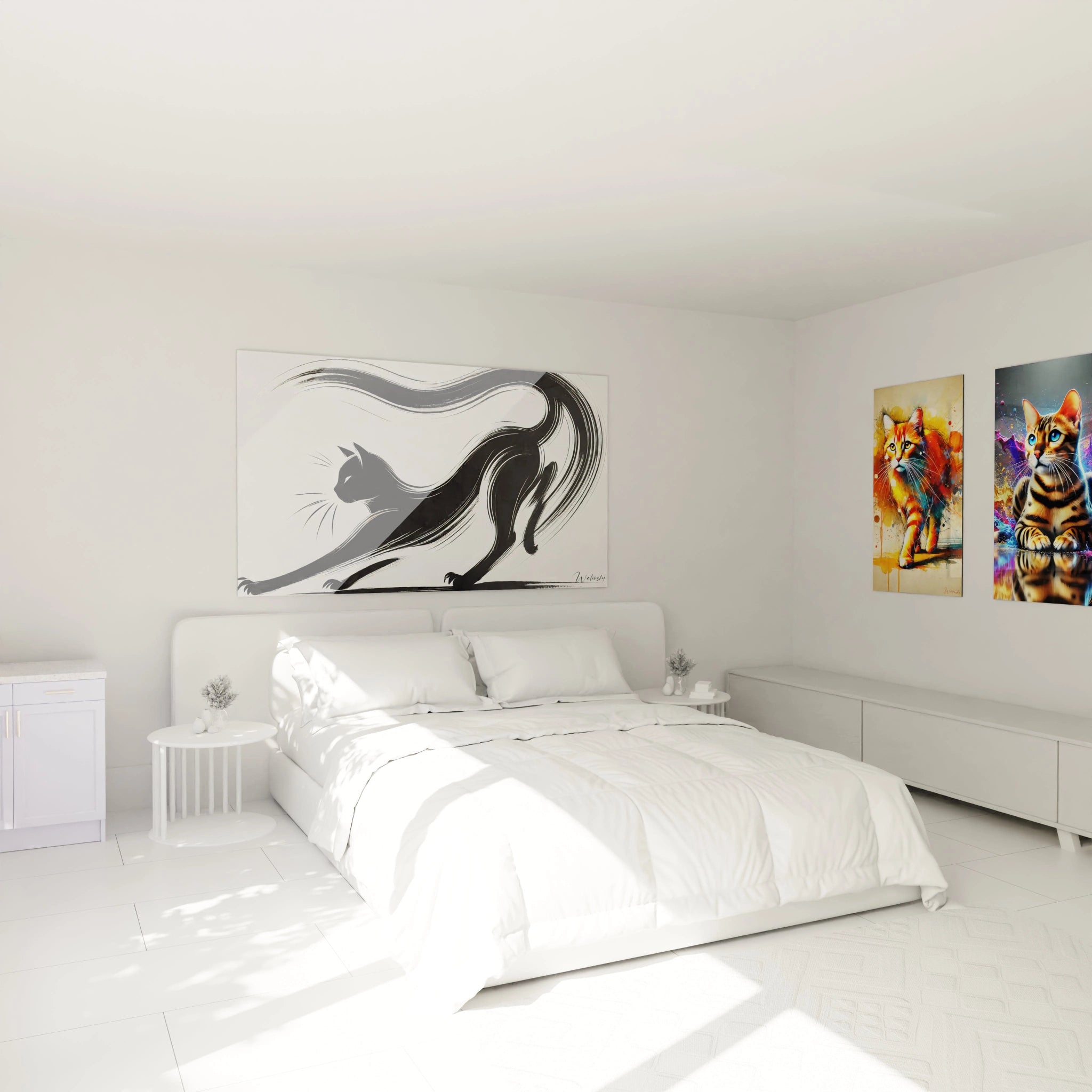 Accroché au mur de la chambre, ce tableau chat minimaliste apporte une ambiance zen et raffinée. Idéal pour un décor moderne, il capte l'œil tout en douceur avec sa silhouette épurée.