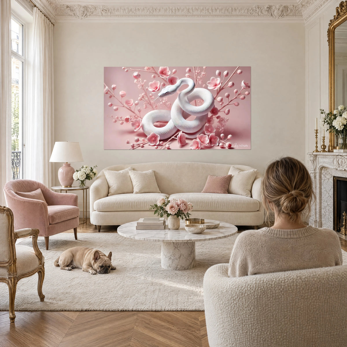 Tableau python blanc nacré lové parmi des fleurs de cerisier roses, sur fond rose poudré, au-dessus d'un canapé dans un salon lumineux