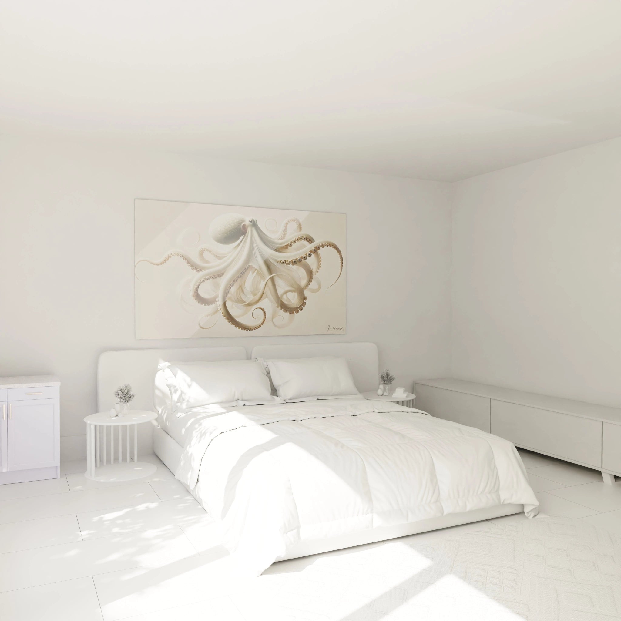 tableau poulpe accroche au dessus du lit cree une atmosphere apaisante et zen dans votre chambre sa palette douce et ses details harmonieux apportent serenite a l espace

