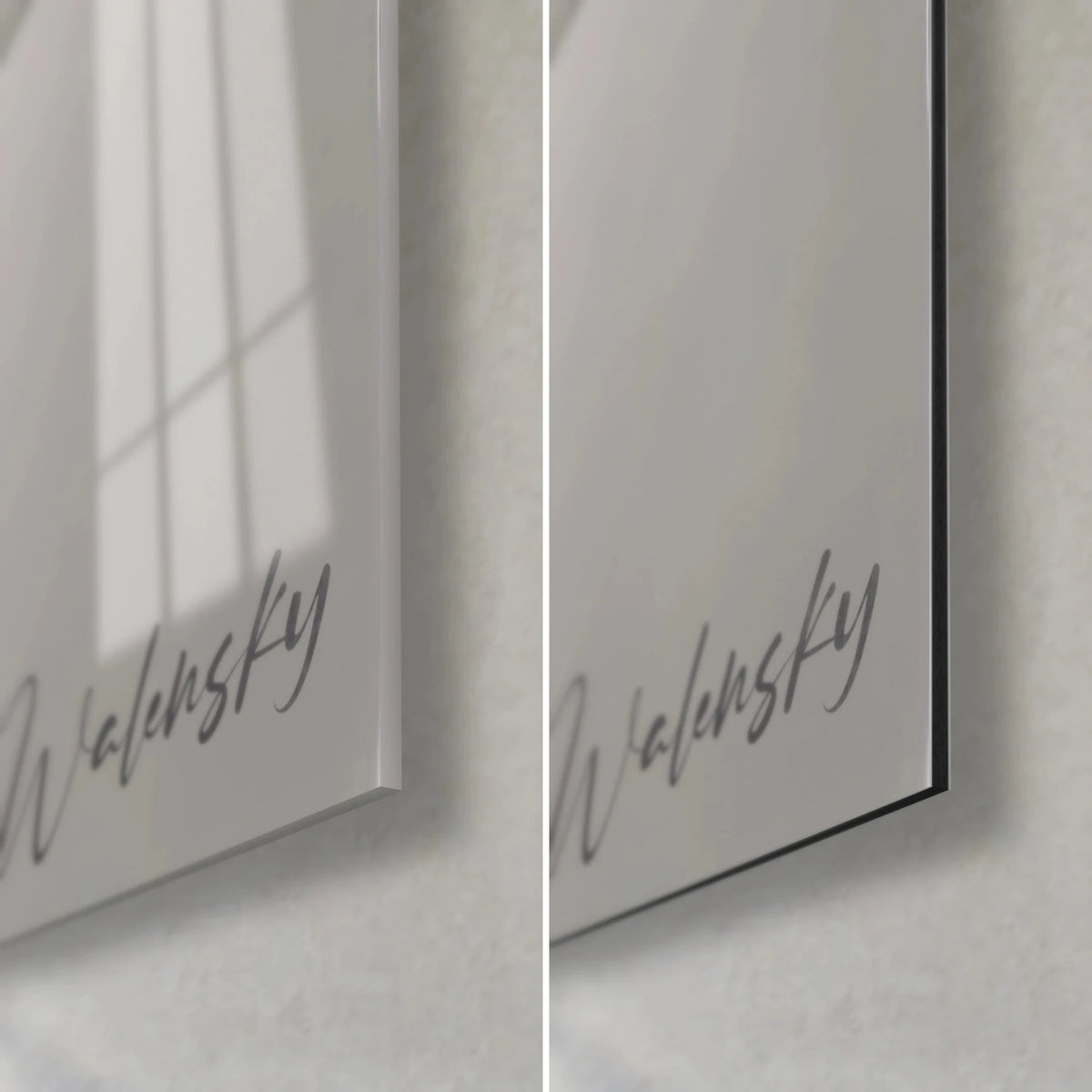 Wall art of a koala curled into a ball, bottom right corner: glossy acrylic glass on the left, matte grey Dibond aluminium on the right, 3 mm black edge