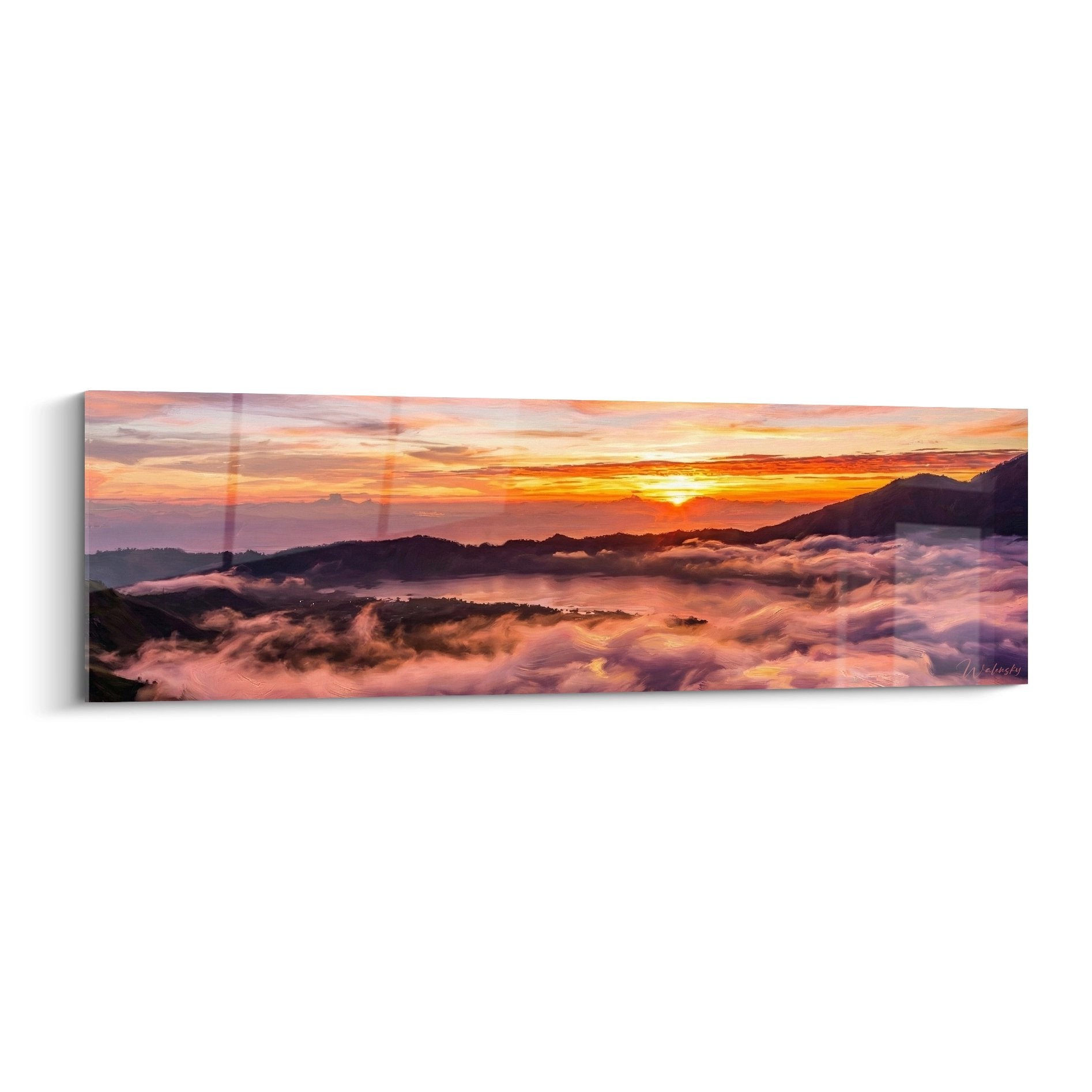 Tableau lever de soleil doré au-dessus mer de nuages roses montagnes tropicales Bali