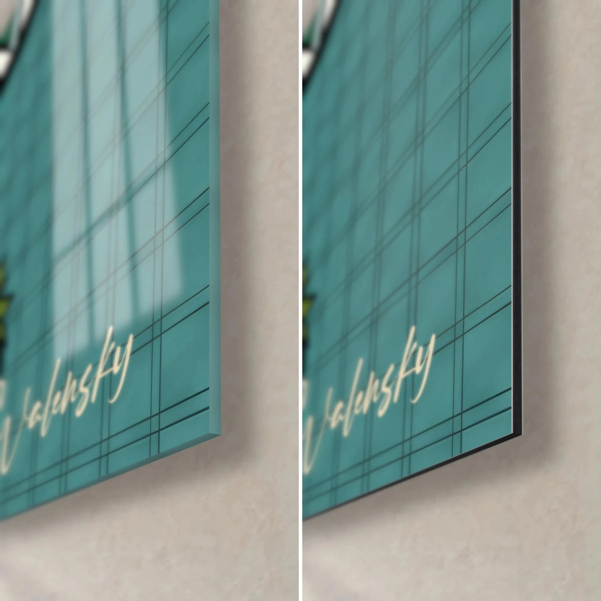 Wall art pop art portrait with mirrored sunglasses, bottom right corner: glossy reflective acrylic glass, matte black Dibond aluminum, turquoise Walensky signature