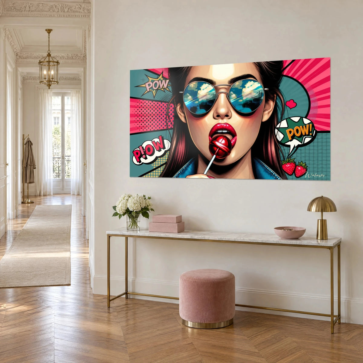 Wall art young woman biting a cherry lollipop, round glasses reflecting clouds, turquoise and pink POW speech bubbles, on a cream Haussmann-style wall