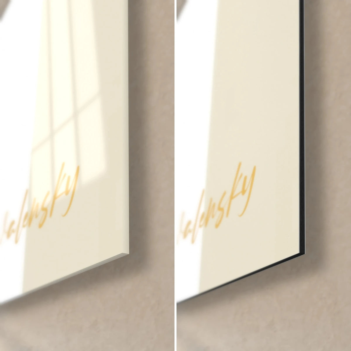 Gemälde einer eleganten Silhouette mit schwarzem Hut, untere rechte Ecke: glänzendes Acrylglas, mattes cremefarbenes Dibond-Aluminium, 3 mm Kante