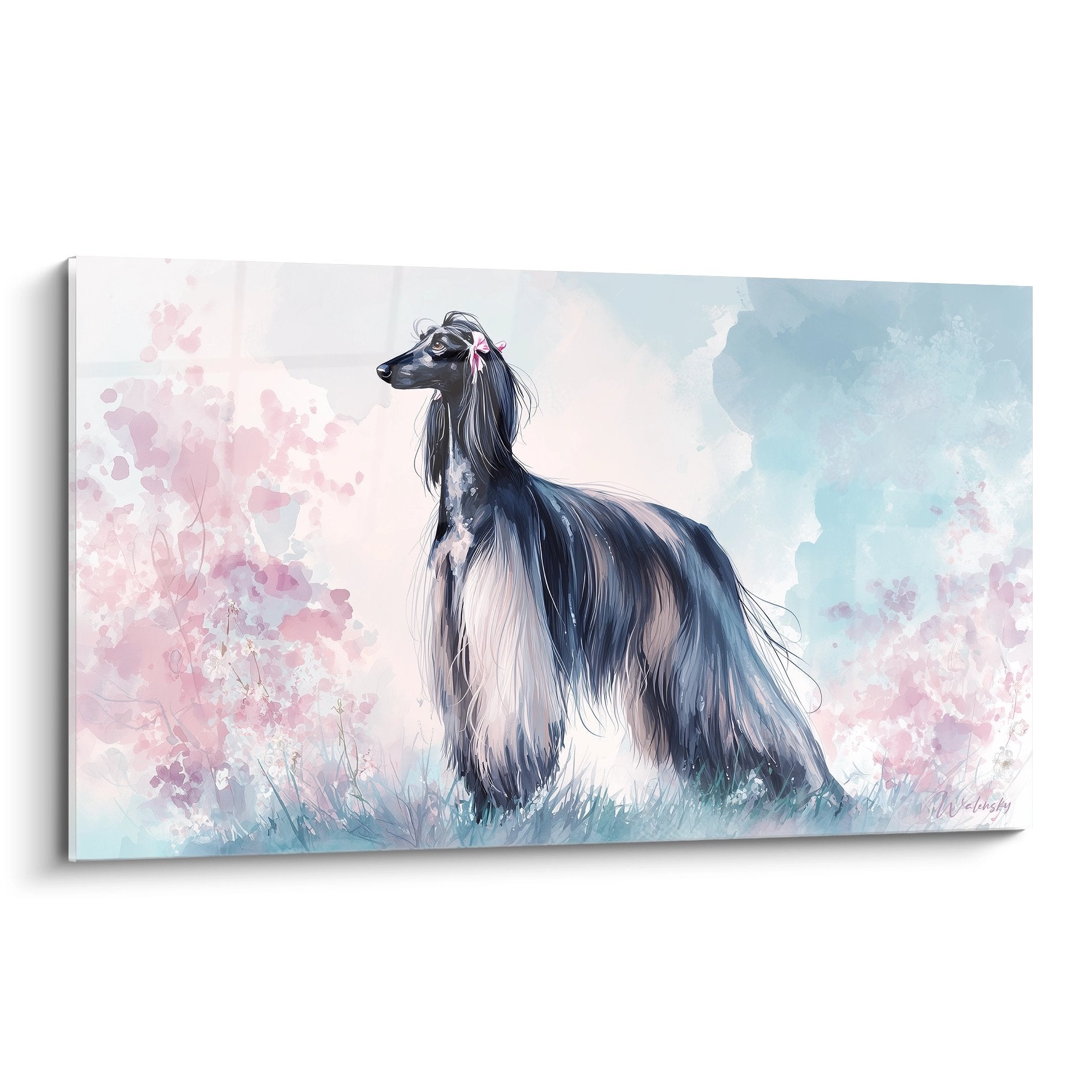 Tableau aquarelle lévrier afghan tons pastel rose bleu prairie fleurie art canin décoratif