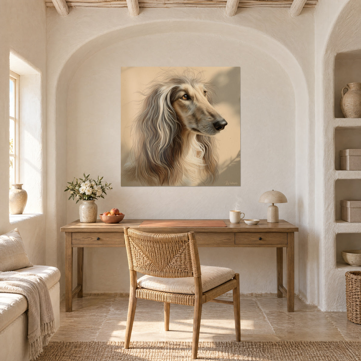 Cuadro galgo noble de pelaje largo arena y marrón, sombras suaves, sobre un escritorio de madera en un nicho abovedado
