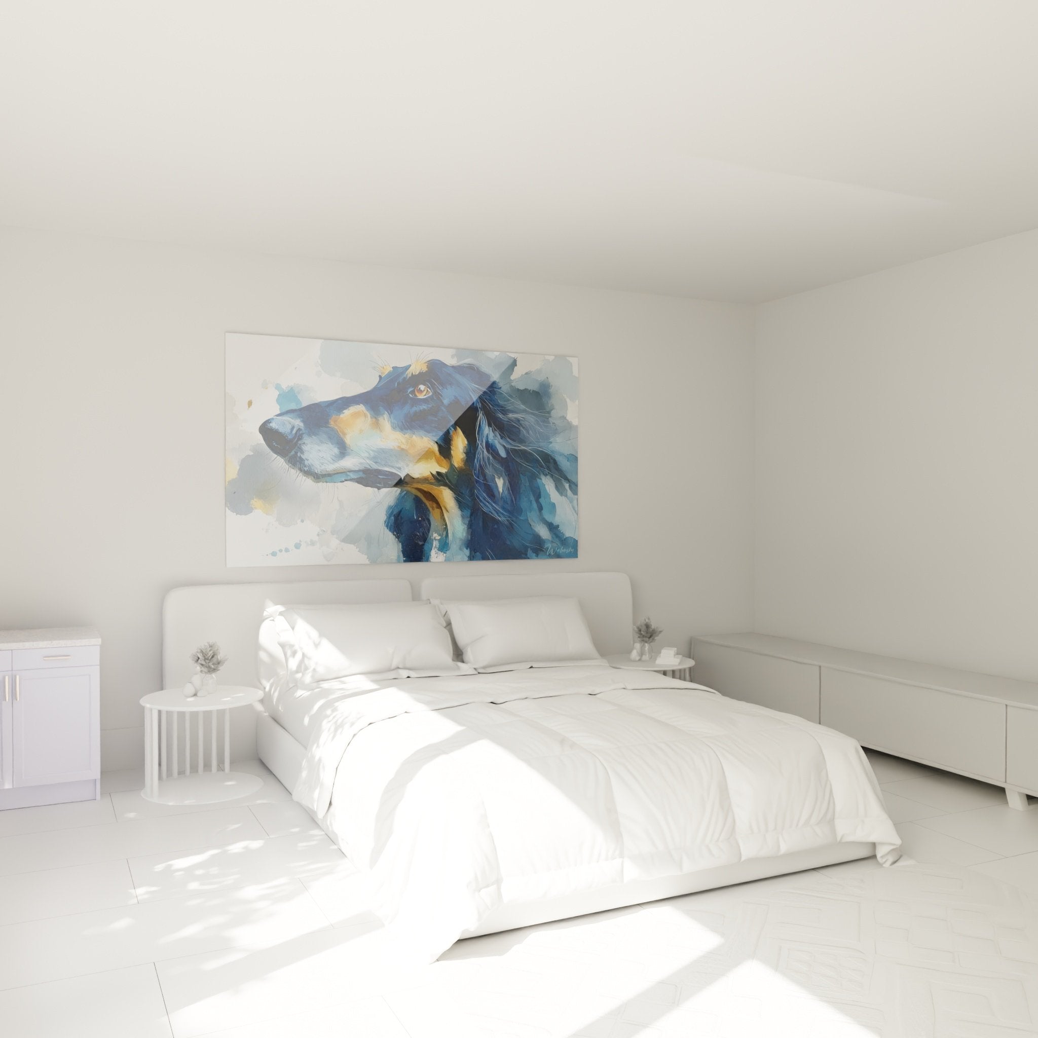 Tableau Levrier Afghan bleu et or dans chambre moderne decoration murale elegante