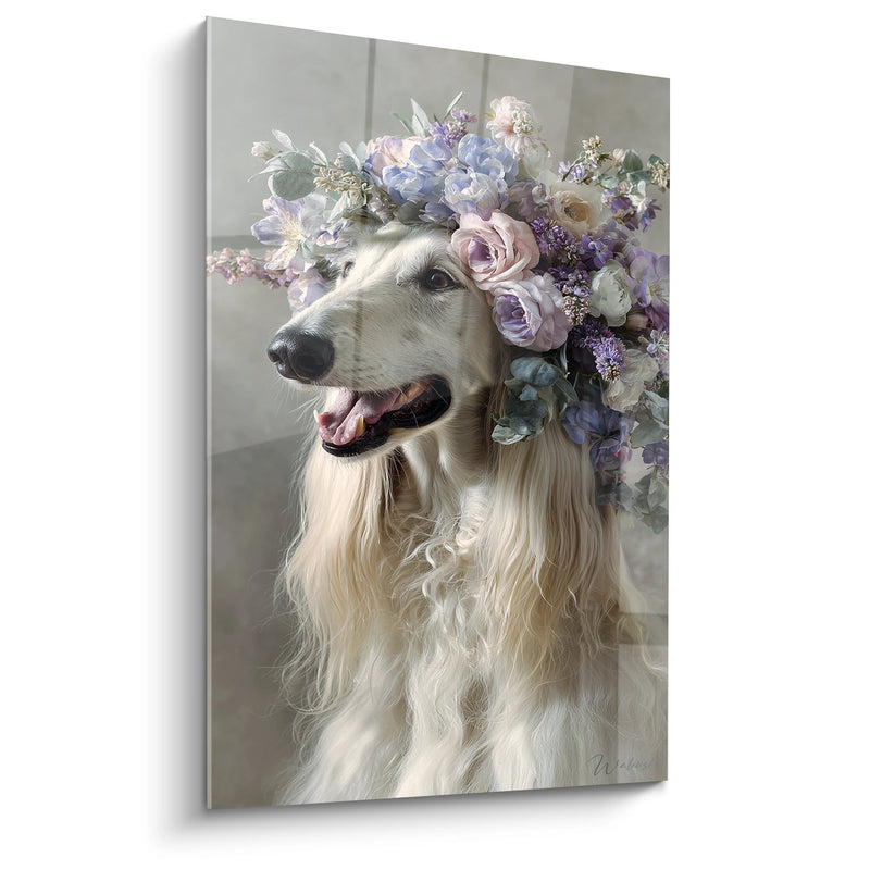 Windhund-Gemälde mit violetten Blumenkrone - Elegantes Blütenporträt - Afghan Hound Edition