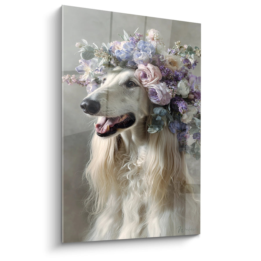 Tableau Lévrier Couronné de Fleurs Violettes - Portrait Floral Élégant - Edition Lévrier Afghan