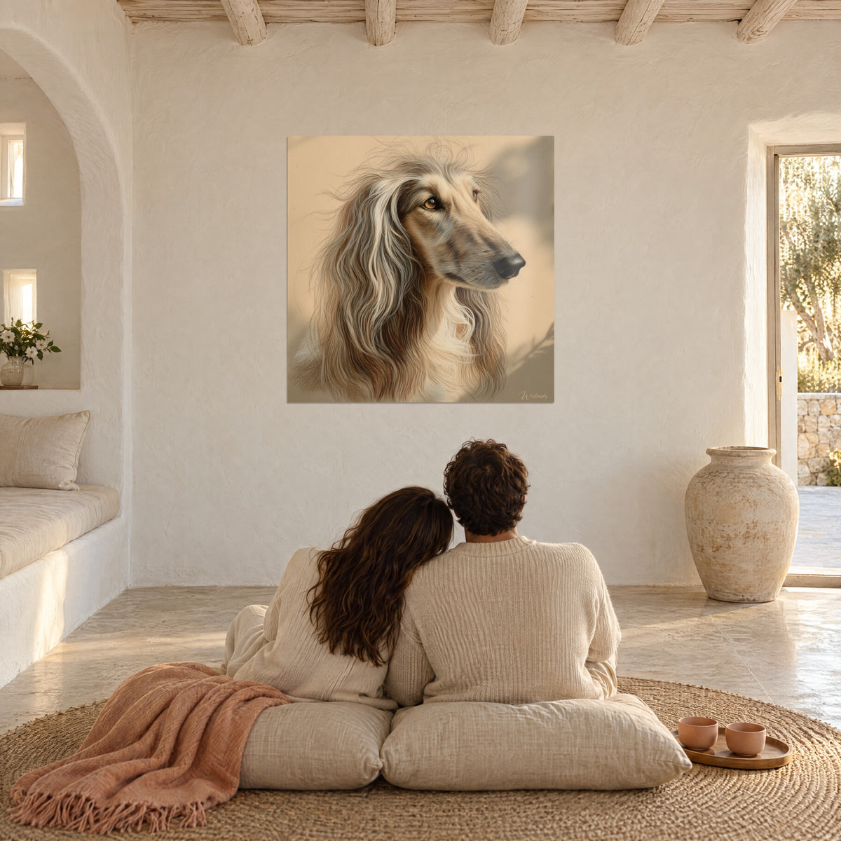 Cuadro perfil de galgo afgano con pelaje sedoso crema y gris topo, pareja abrazada de espaldas, sentada sobre cojines en un salón blanco