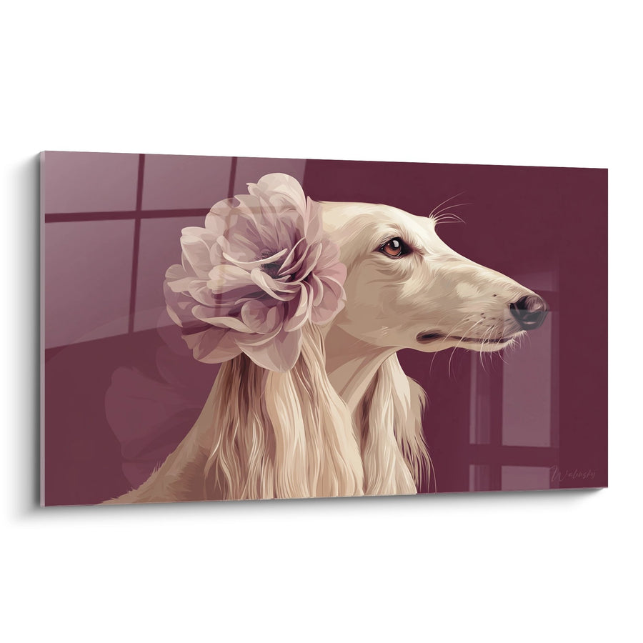 Tableau Lévrier Afghan Crème avec Fleur Mauve - Portrait Élégant aux Tons Poudrés - Edition Levrier Afghan