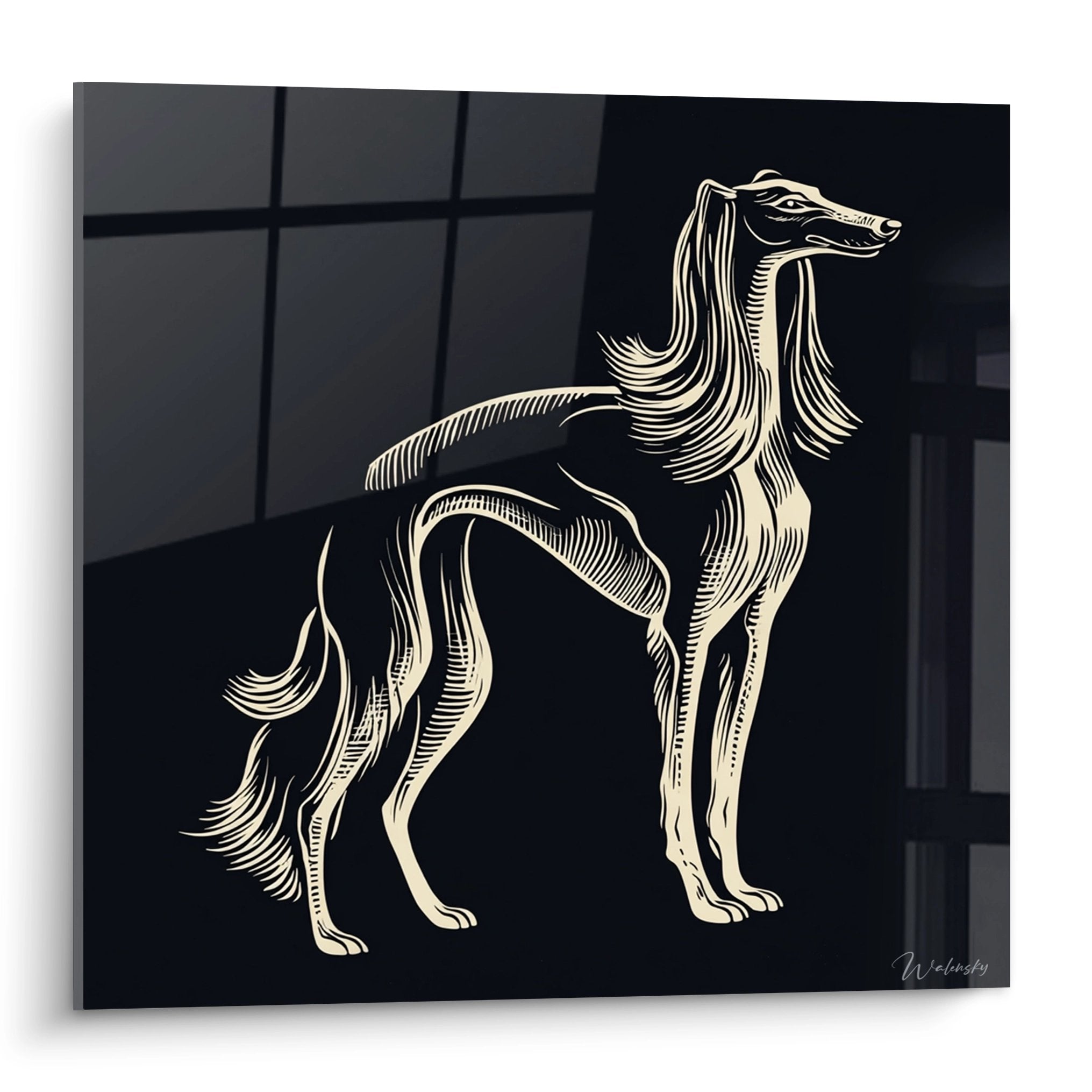 Tableau lévrier afghan doré sur fond noir, silhouette élégante en style linéaire contemporain