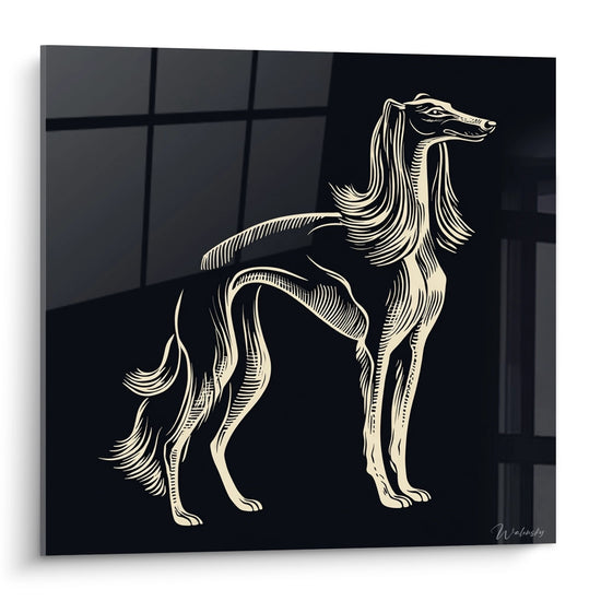 Windhund-Gemälde in Gold auf schwarzem Hintergrund, elegante Silhouette im zeitgenössischen linearen Stil