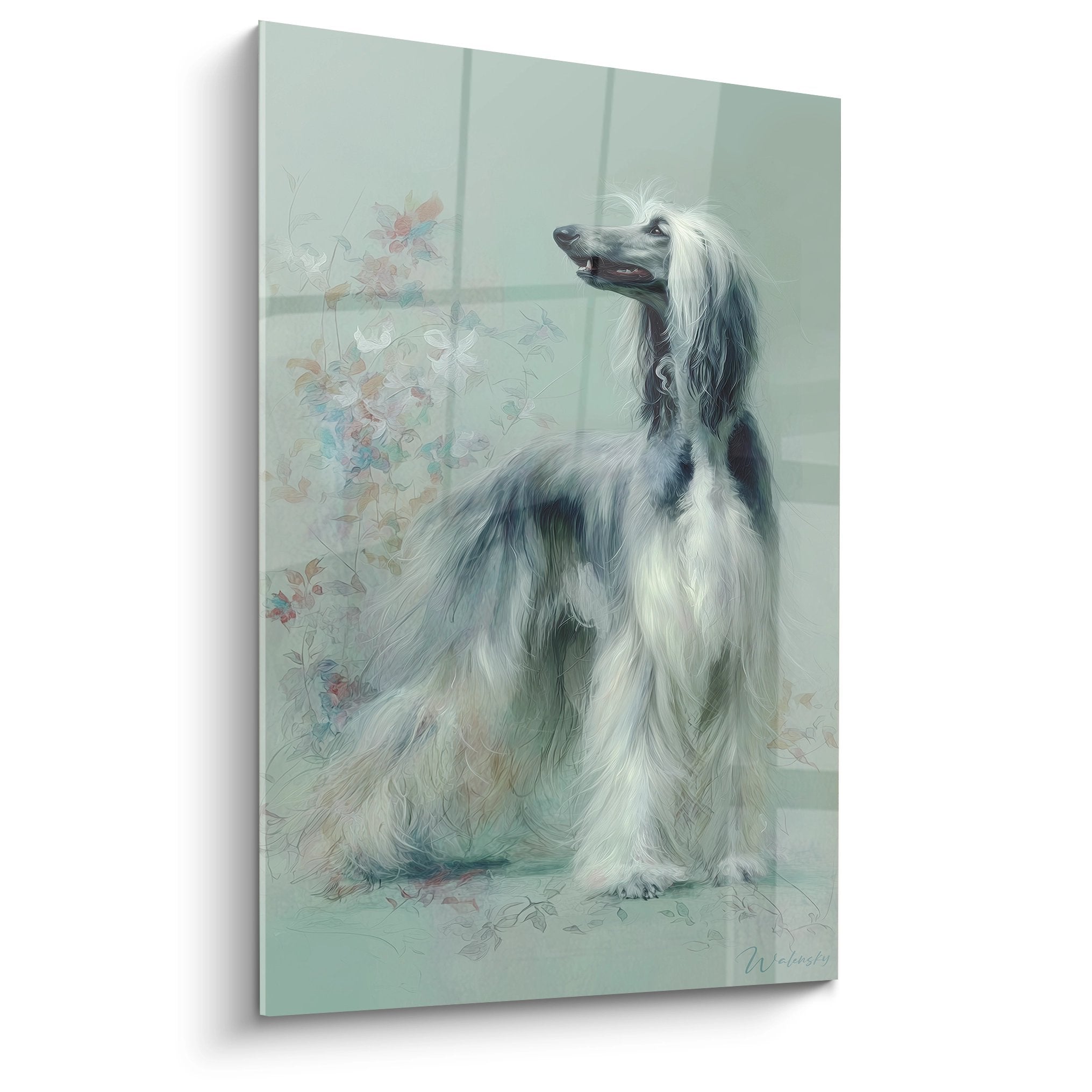 Portrait artistique d'un lévrier afghan élégant aux tons pastel sur fond vert d'eau avec motifs floraux délicats