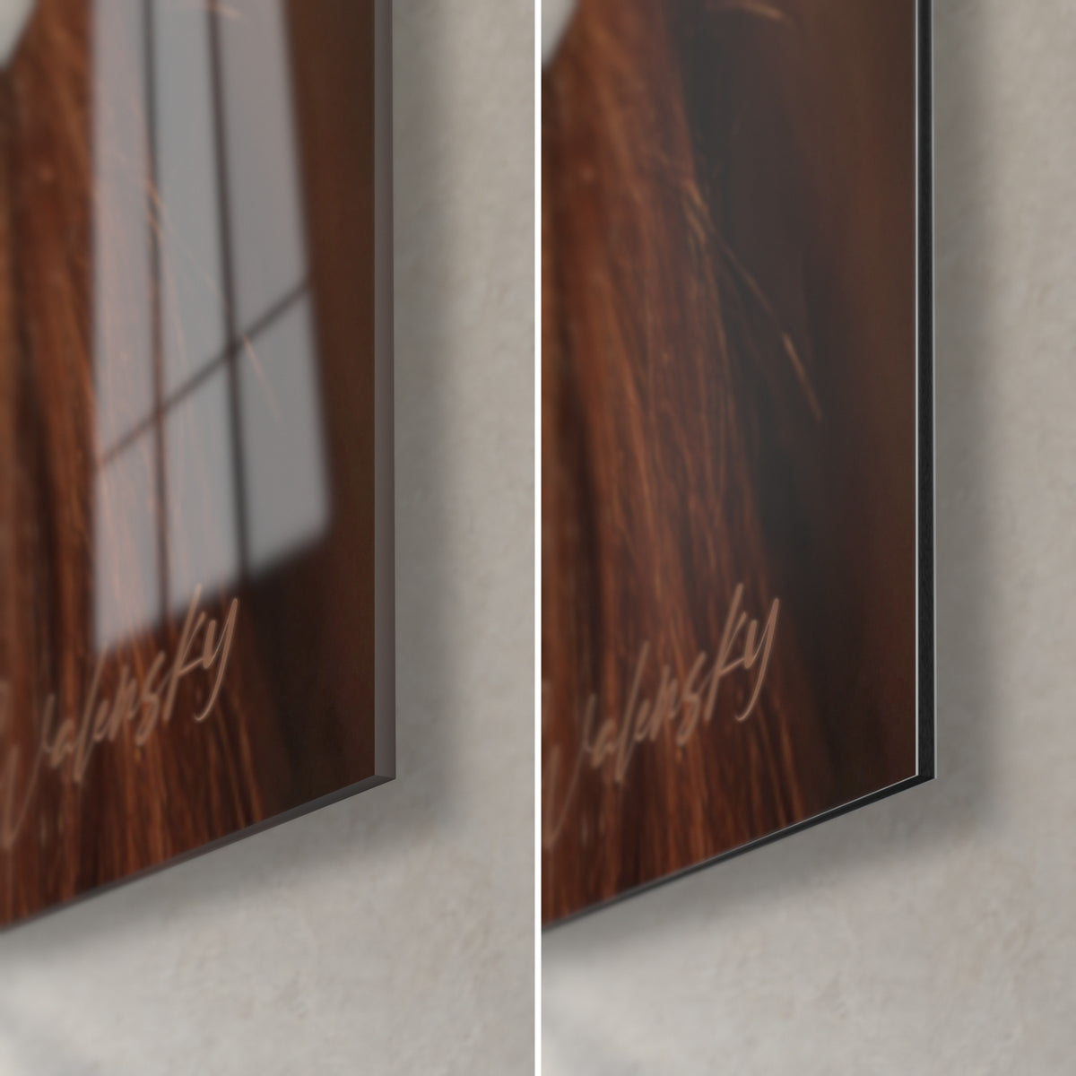 Cuadro retrato canino con pelo caoba y negro, esquina inferior derecha: cristal acrílico brillante a la izquierda, aluminio Dibond mate a la derecha, canto de 3 mm