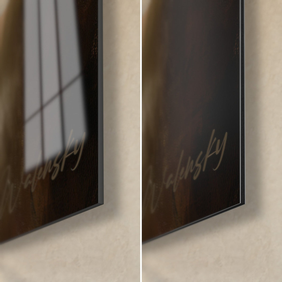 Wall art Dog portrait on a dark brown background, bottom right corner: glossy acrylic glass with reflections and matte Dibond aluminium, 3 mm edge