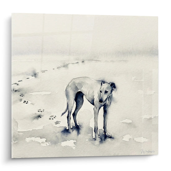 Aquarellgemälde Windhund Greyhound grau in Schneelands mit Pfotenabdrücken poetische Tierkuns Winterstimmung